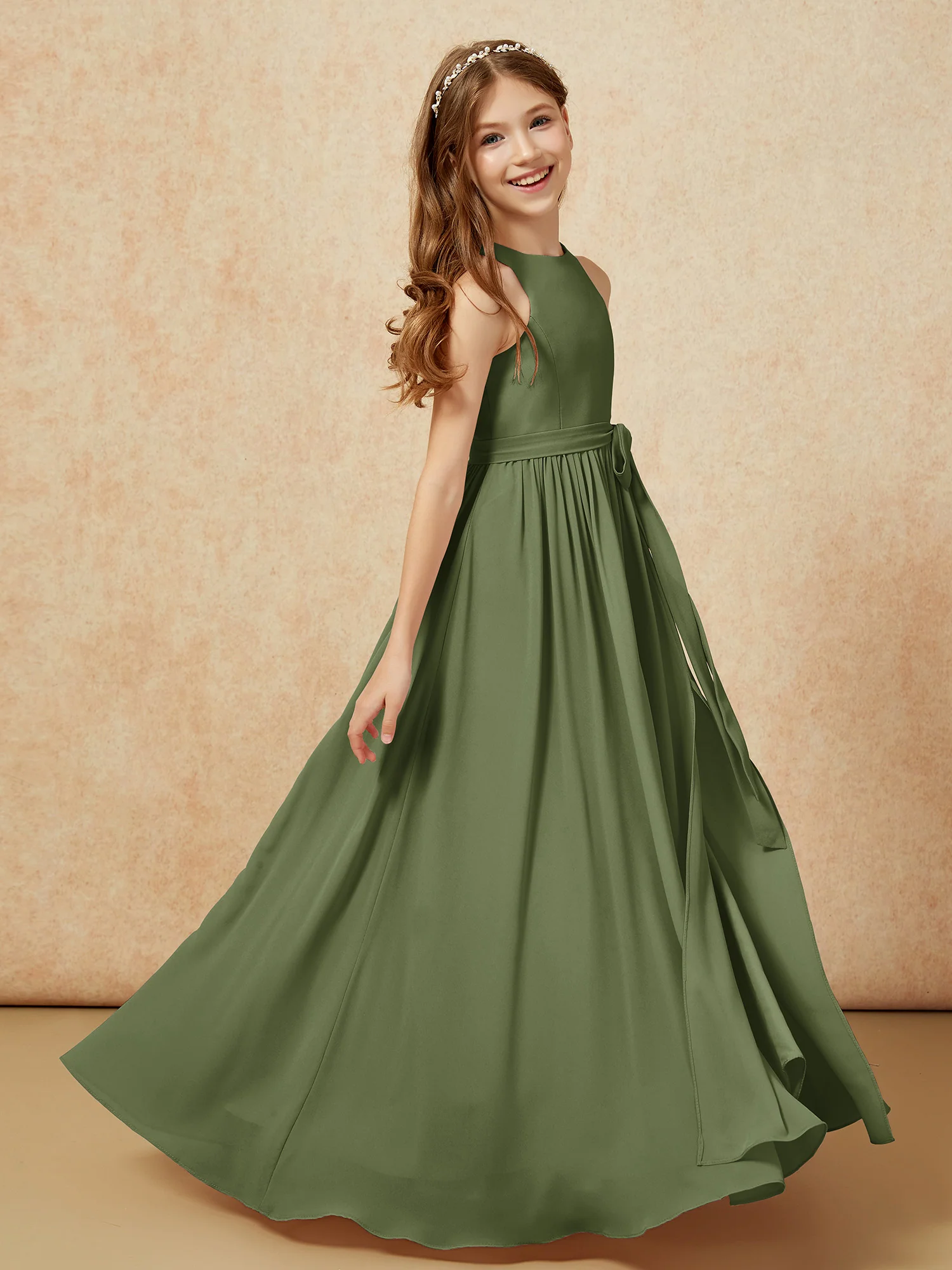 Simple sleeveless chiffon Junior Bridesmaid Dress Olive Green - Image 5