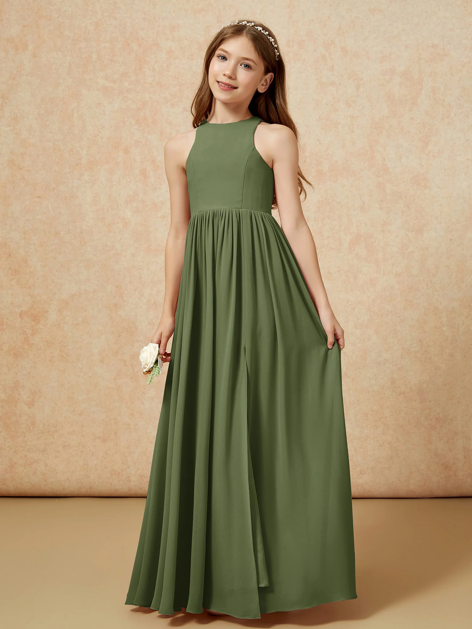 Simple sleeveless chiffon Junior Bridesmaid Dress Olive Green - Image 6