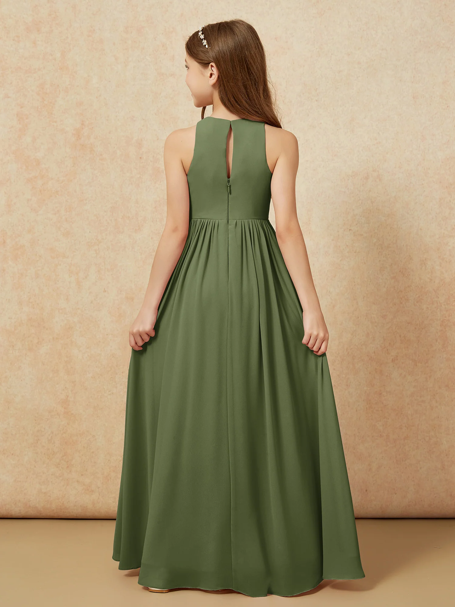 Simple sleeveless chiffon Junior Bridesmaid Dress Olive Green - Image 7