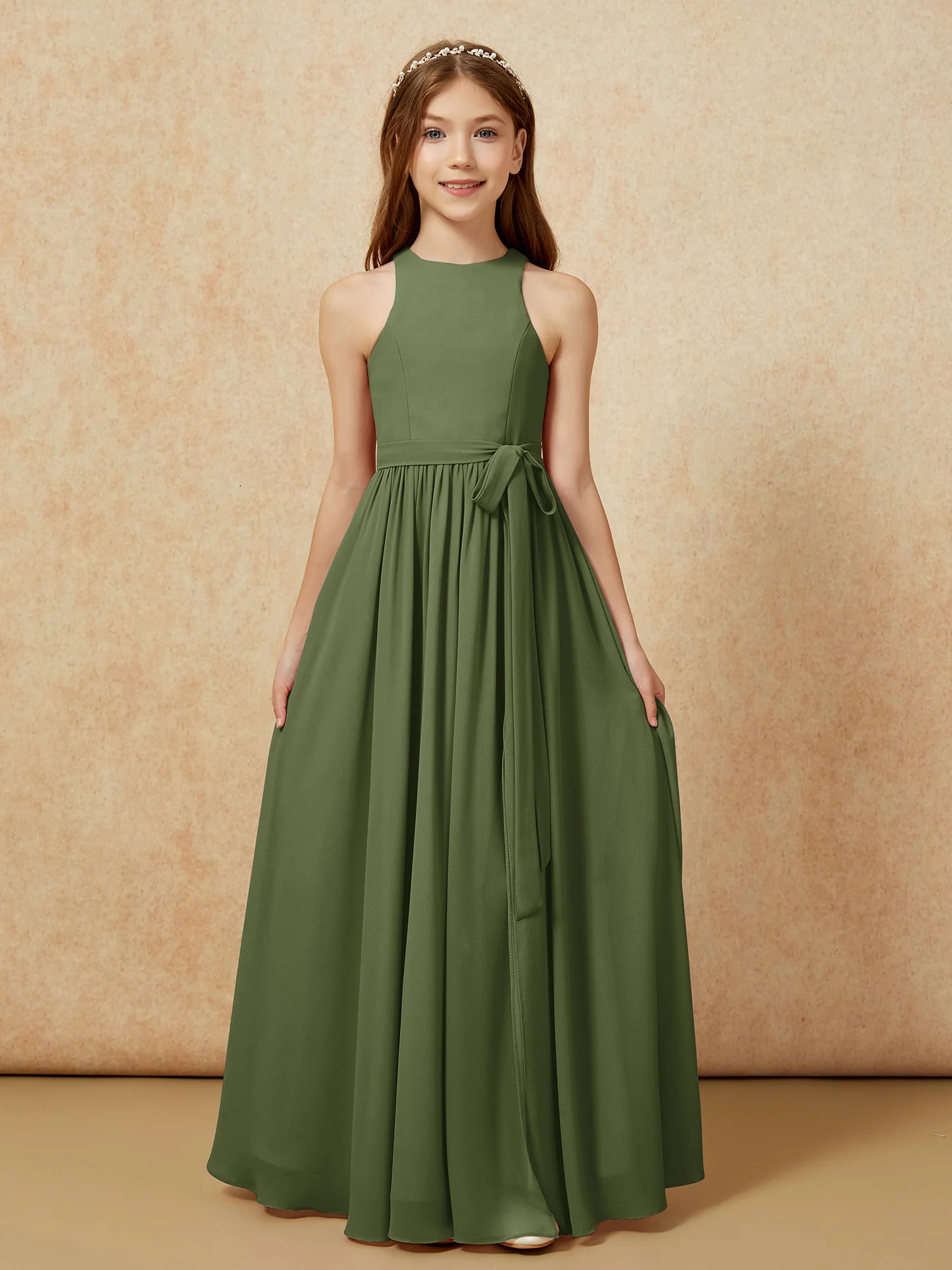 Simple sleeveless chiffon Junior Bridesmaid Dress Olive Green - Image 8