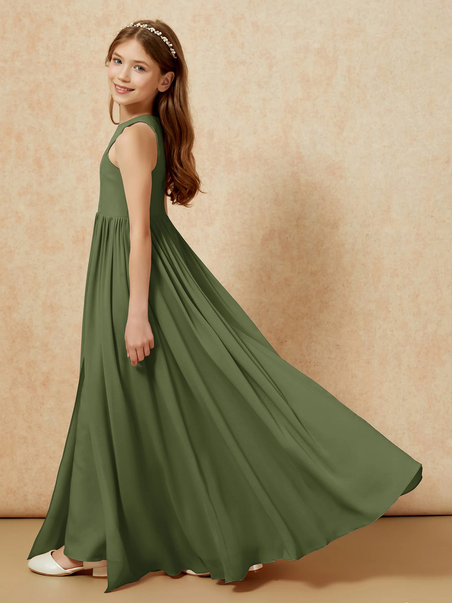 Simple sleeveless chiffon Junior Bridesmaid Dress Olive Green - Image 9