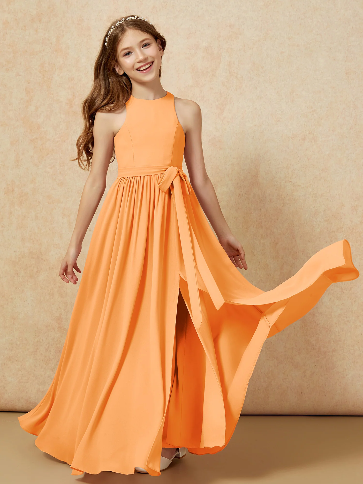 Simple sleeveless chiffon Junior Bridesmaid Dress Orange - Image 10
