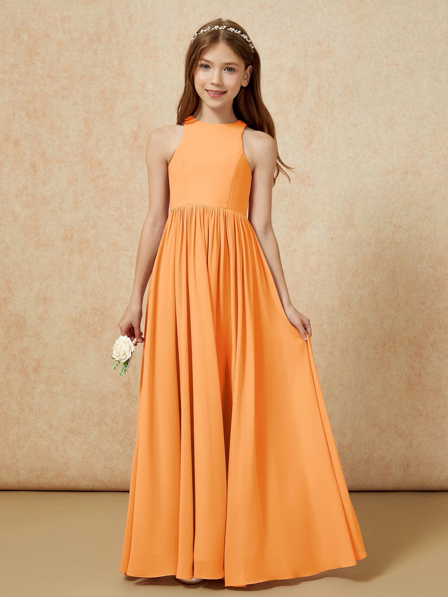 Simple sleeveless chiffon Junior Bridesmaid Dress Orange - Image 4