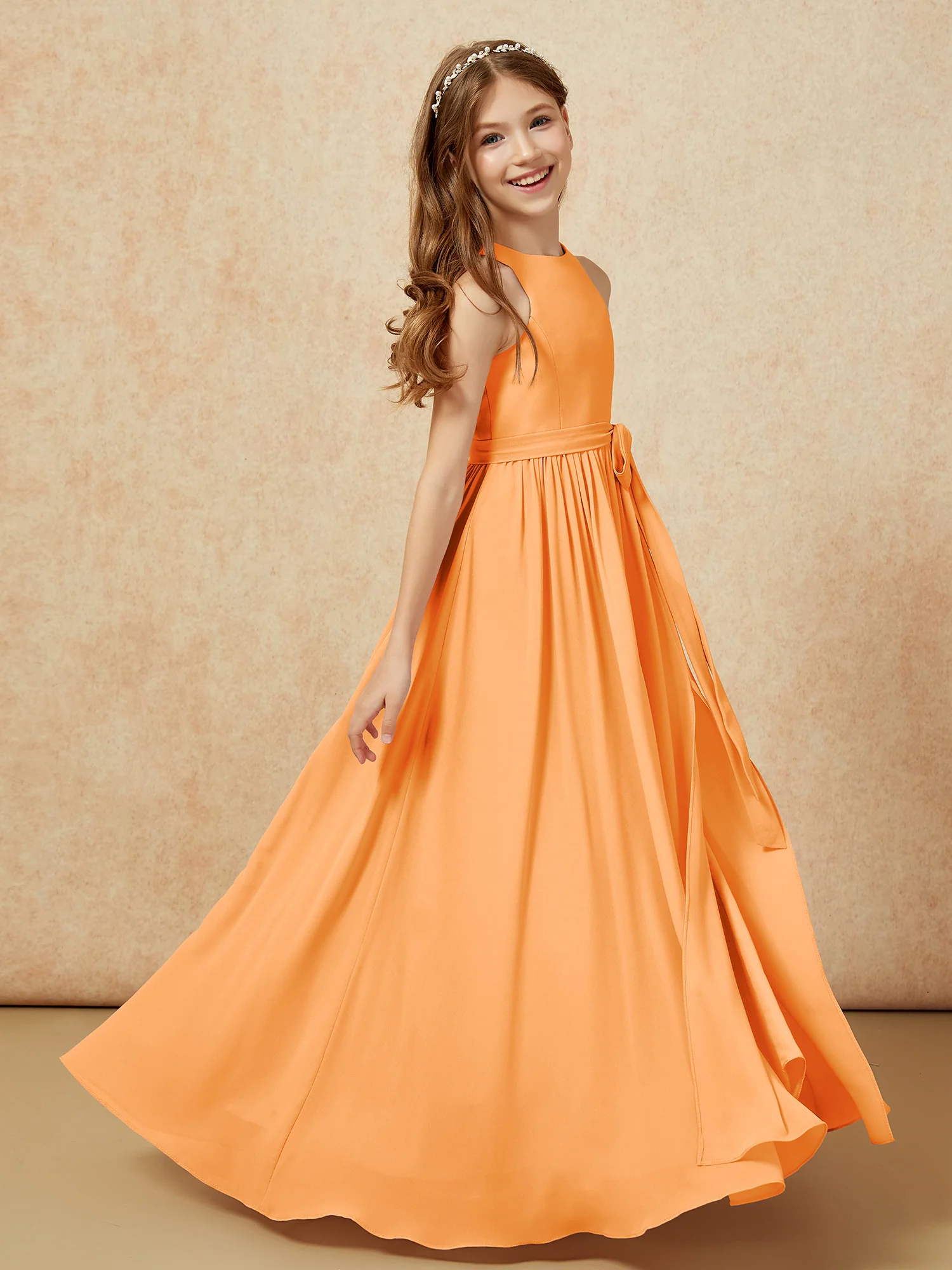 Simple sleeveless chiffon Junior Bridesmaid Dress Orange - Image 5
