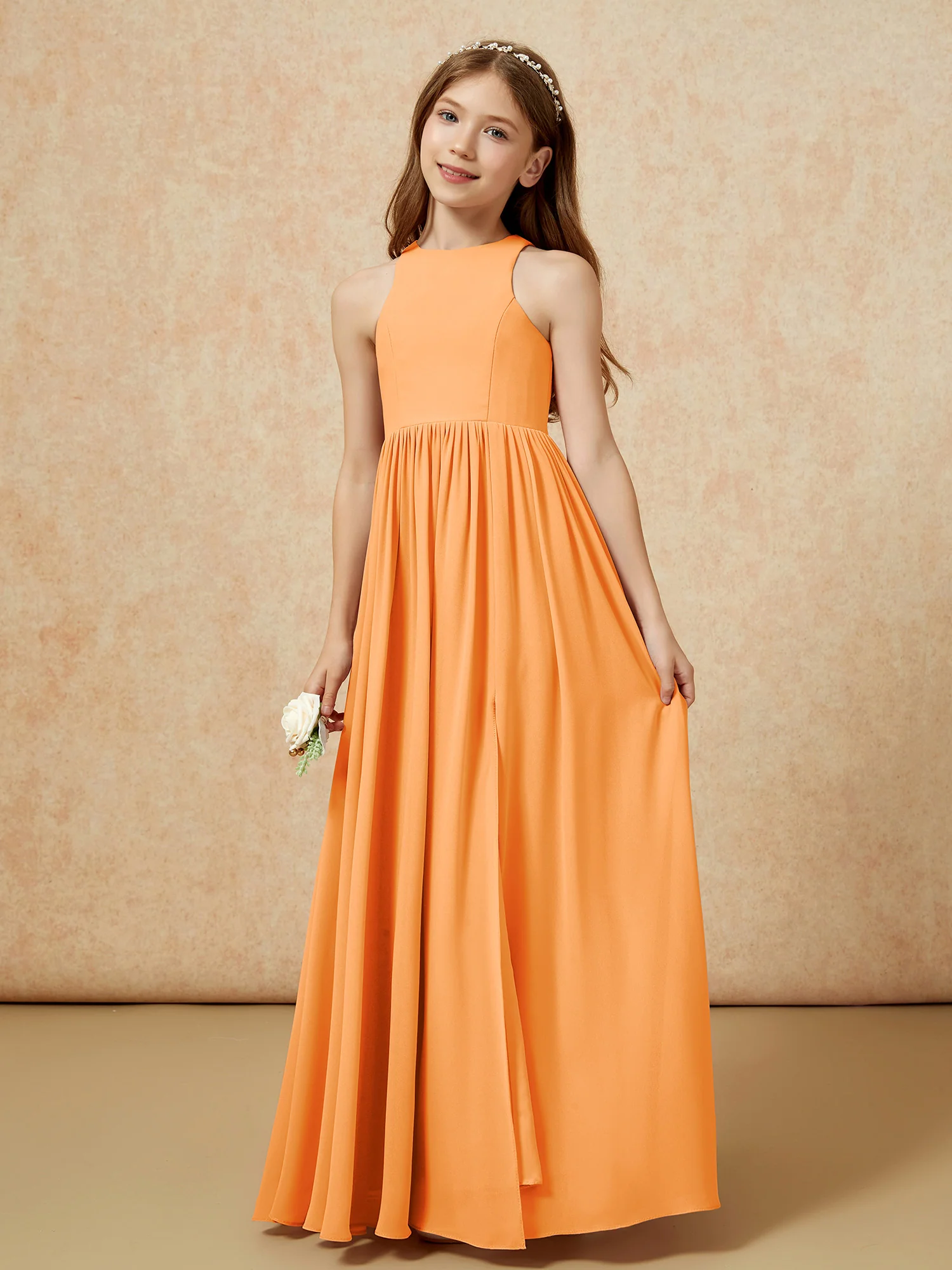 Simple sleeveless chiffon Junior Bridesmaid Dress Orange - Image 6