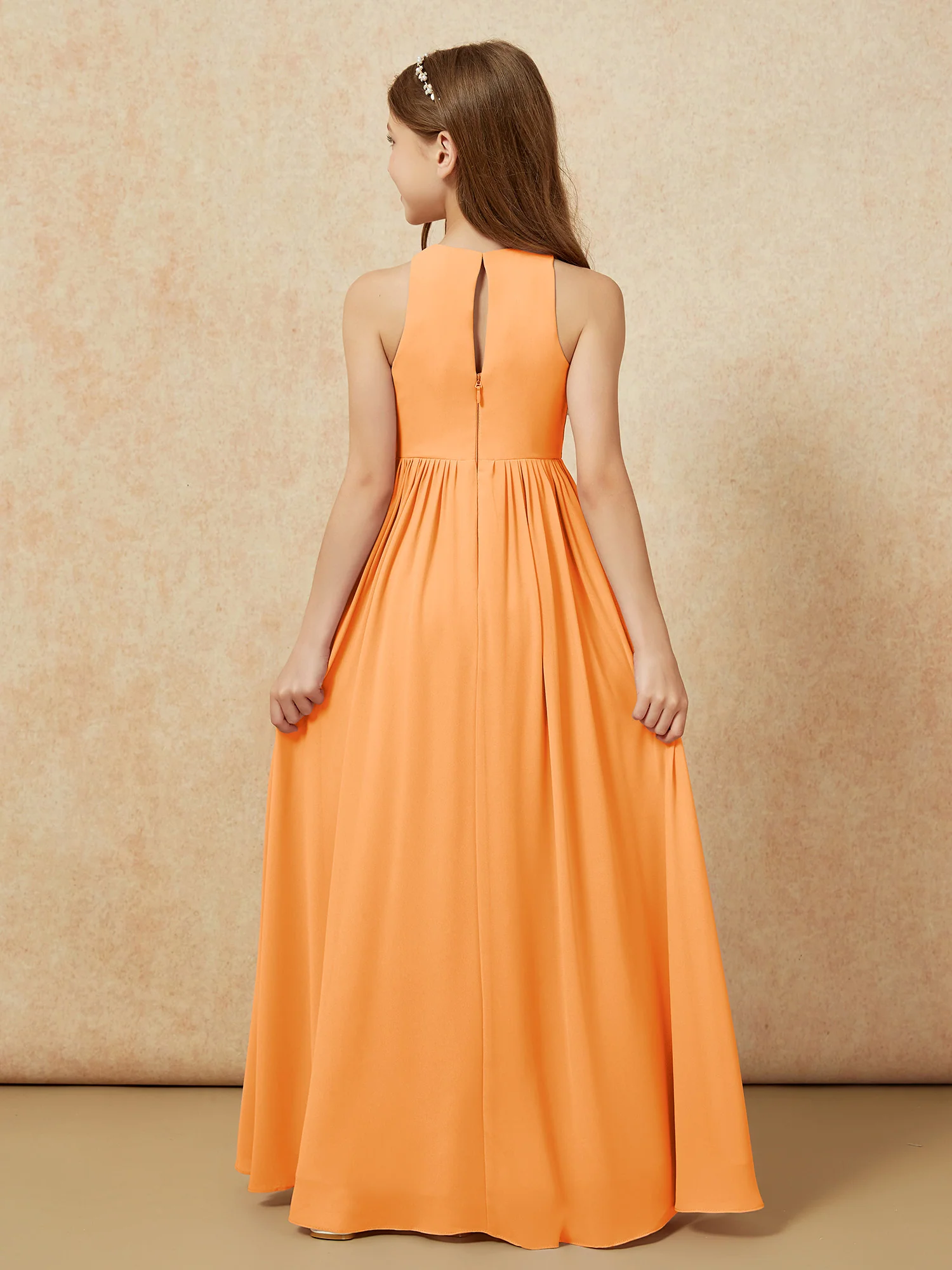 Simple sleeveless chiffon Junior Bridesmaid Dress Orange - Image 7