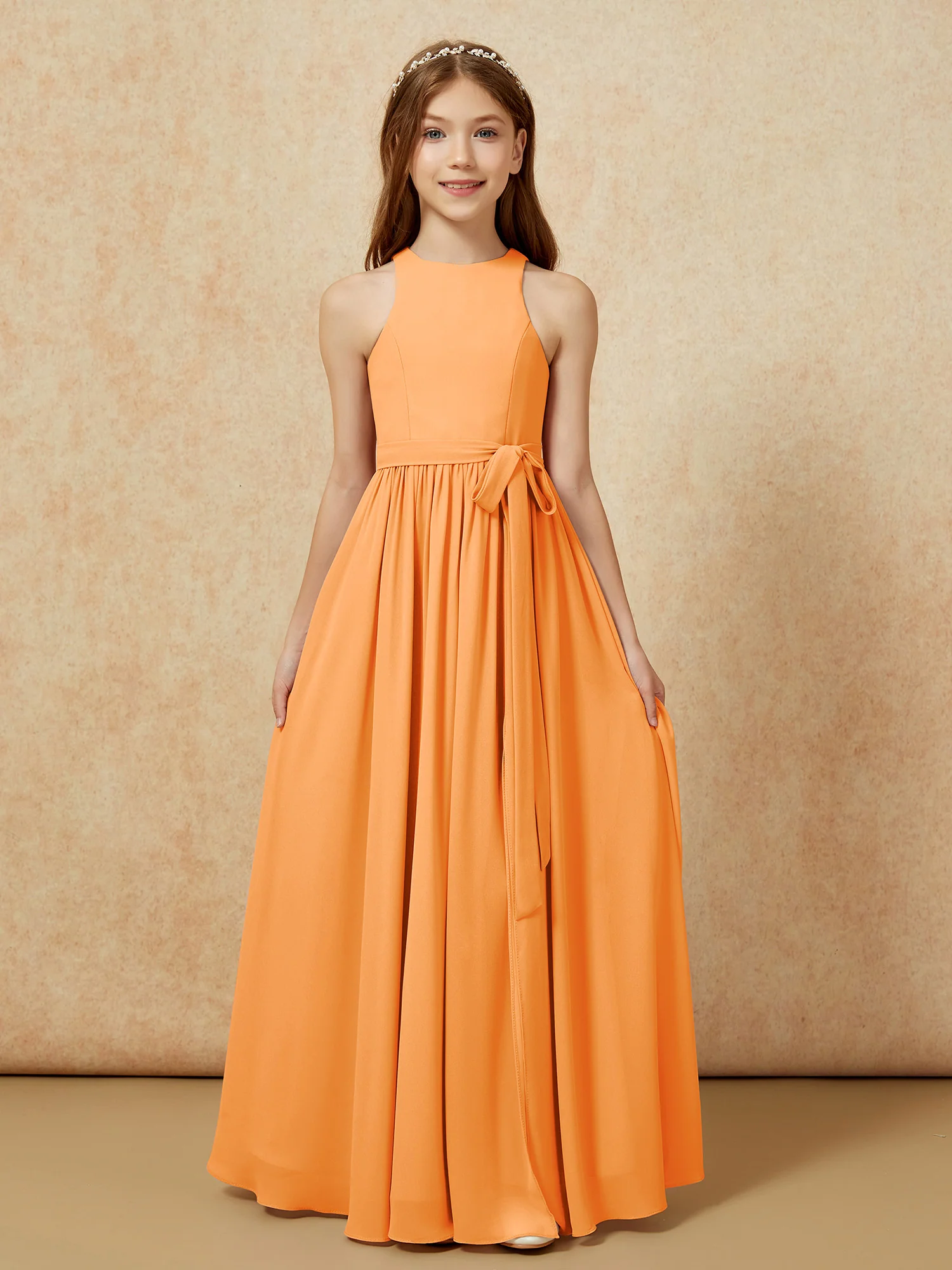 Simple sleeveless chiffon Junior Bridesmaid Dress Orange - Image 8