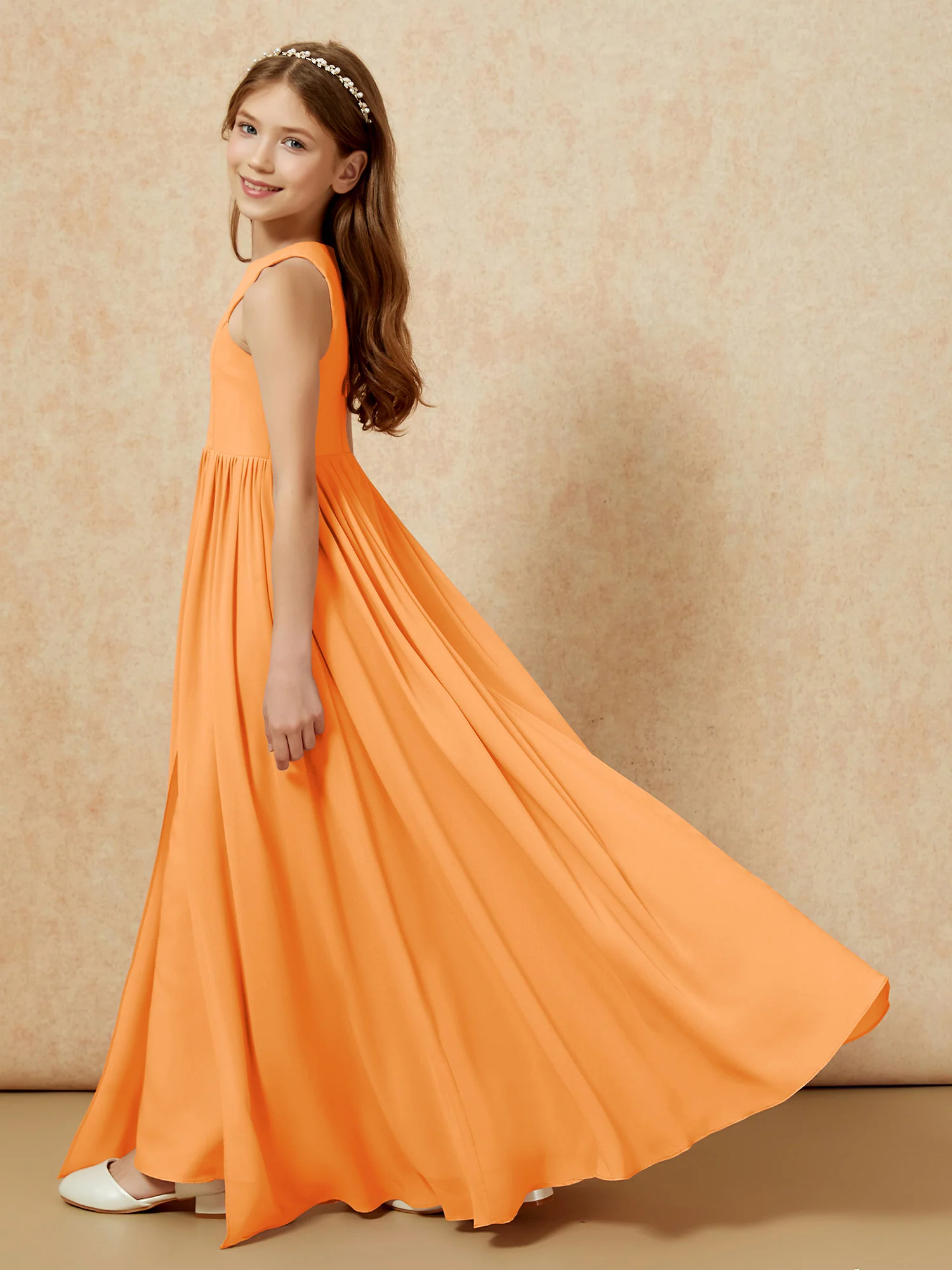 Simple sleeveless chiffon Junior Bridesmaid Dress Orange - Image 9