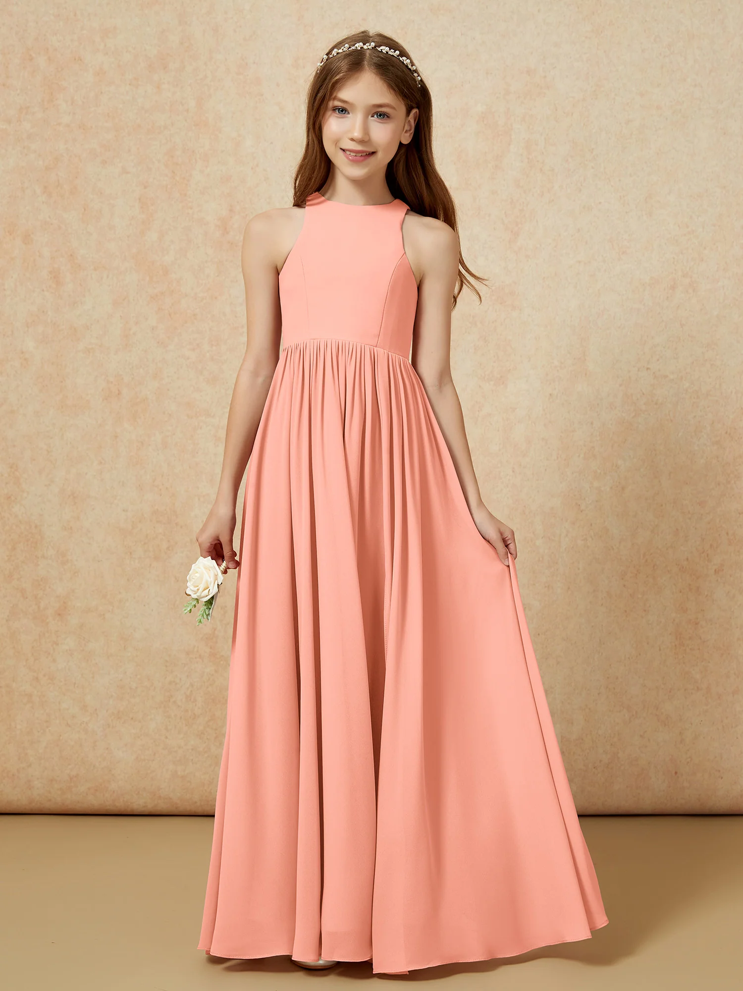 Simple sleeveless chiffon Junior Bridesmaid Dress Papaya - Image 4