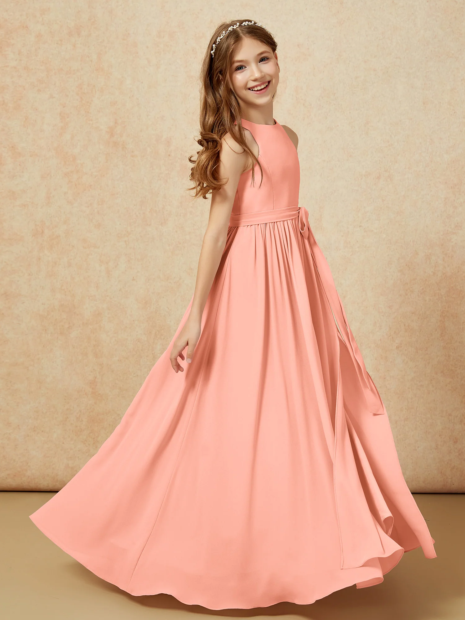 Simple sleeveless chiffon Junior Bridesmaid Dress Papaya - Image 5