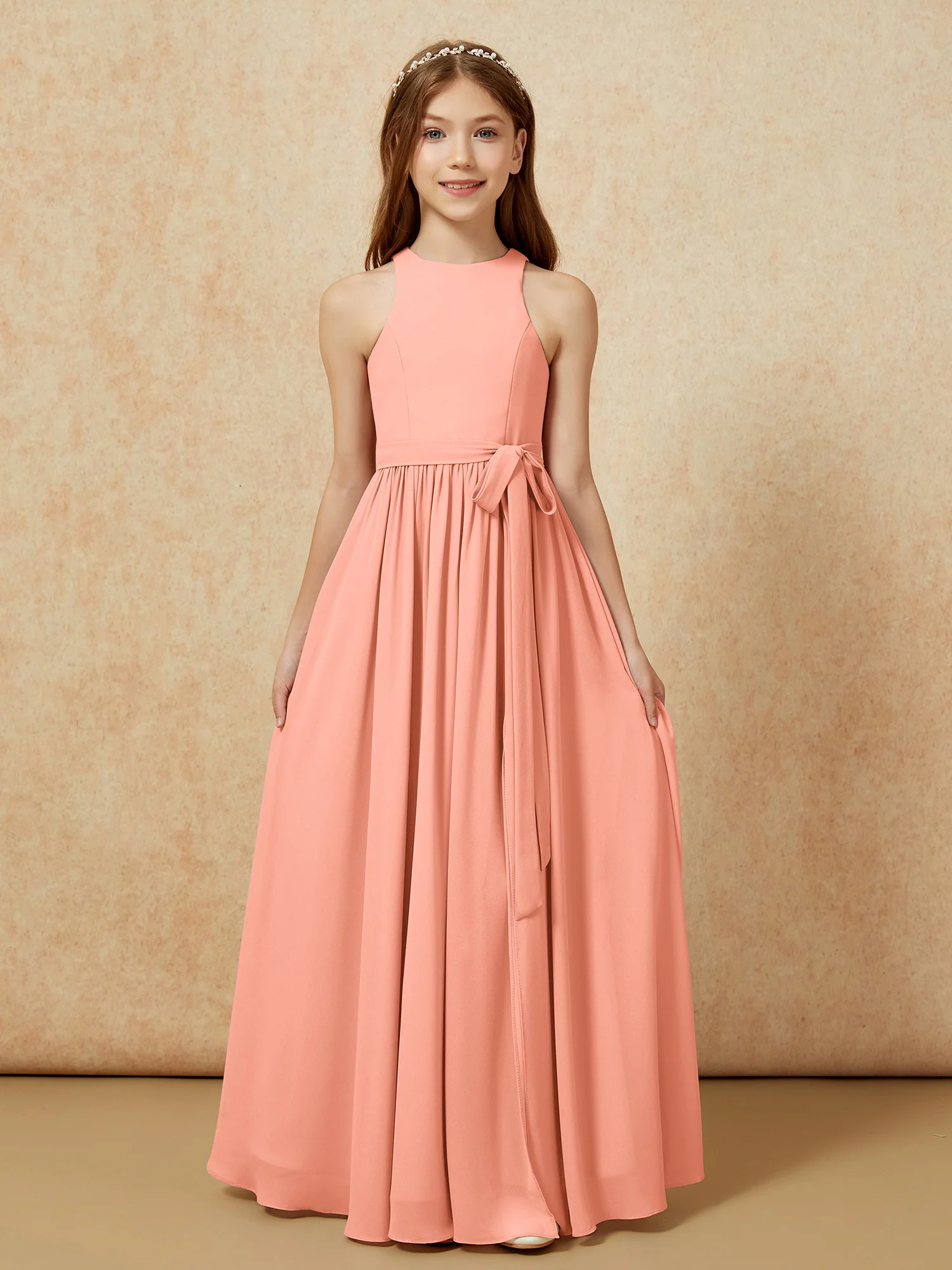 Simple sleeveless chiffon Junior Bridesmaid Dress Papaya - Image 8