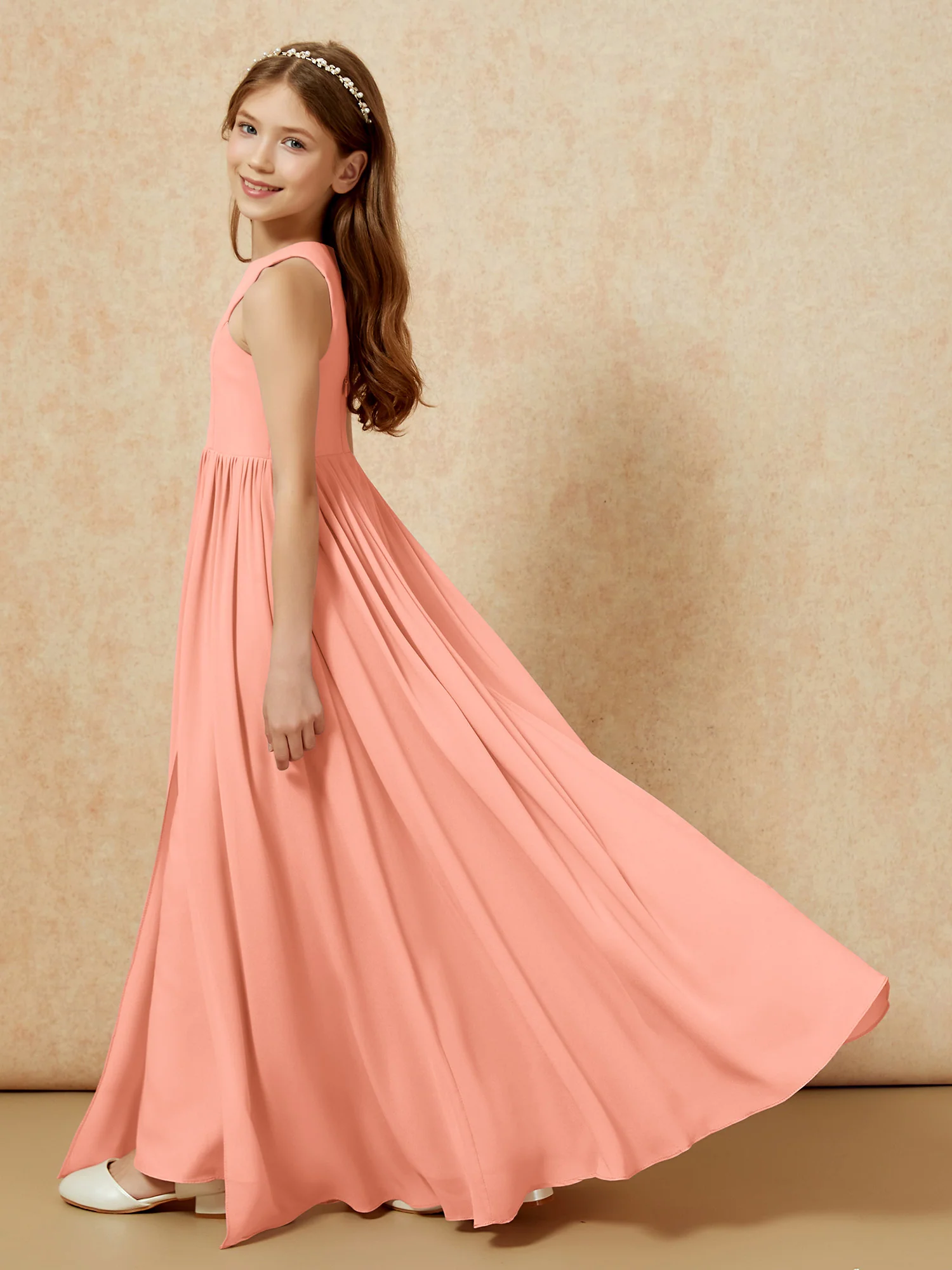 Simple sleeveless chiffon Junior Bridesmaid Dress Papaya - Image 9