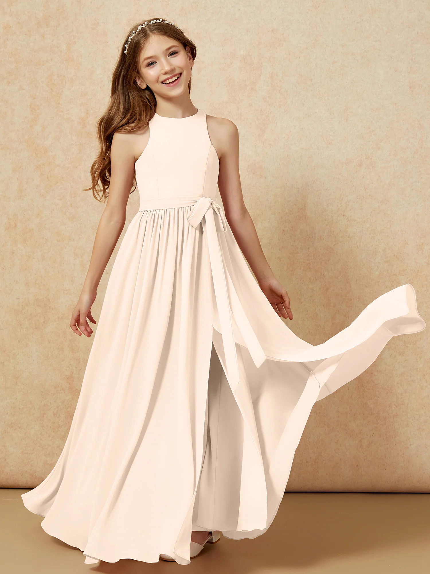Simple sleeveless chiffon Junior Bridesmaid Dress Peach - Image 10