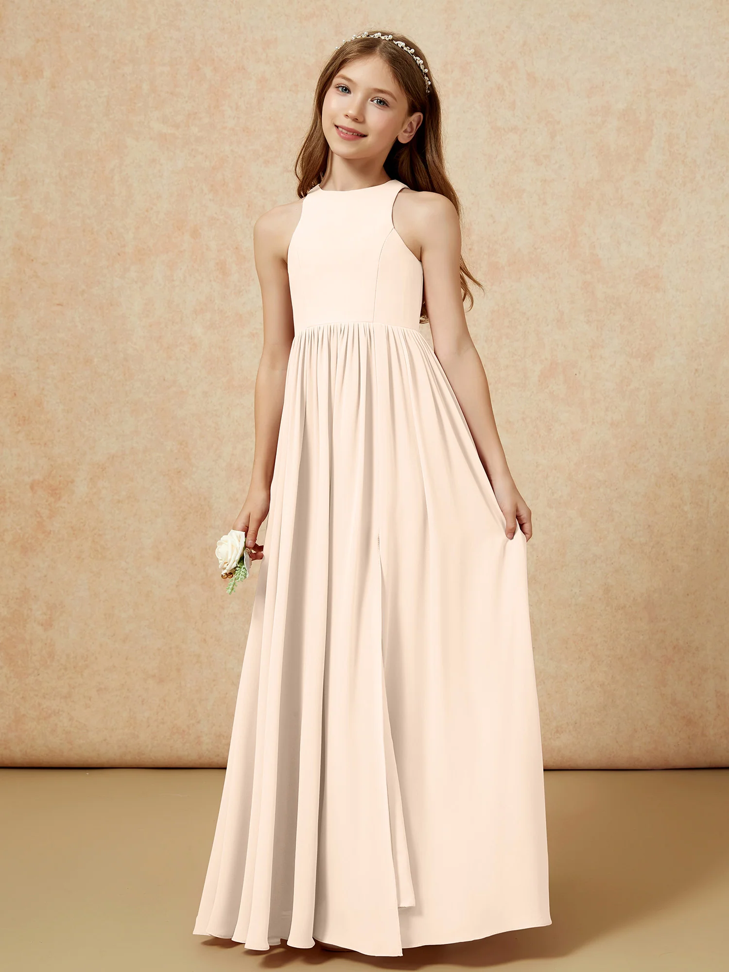 Simple sleeveless chiffon Junior Bridesmaid Dress Peach - Image 6