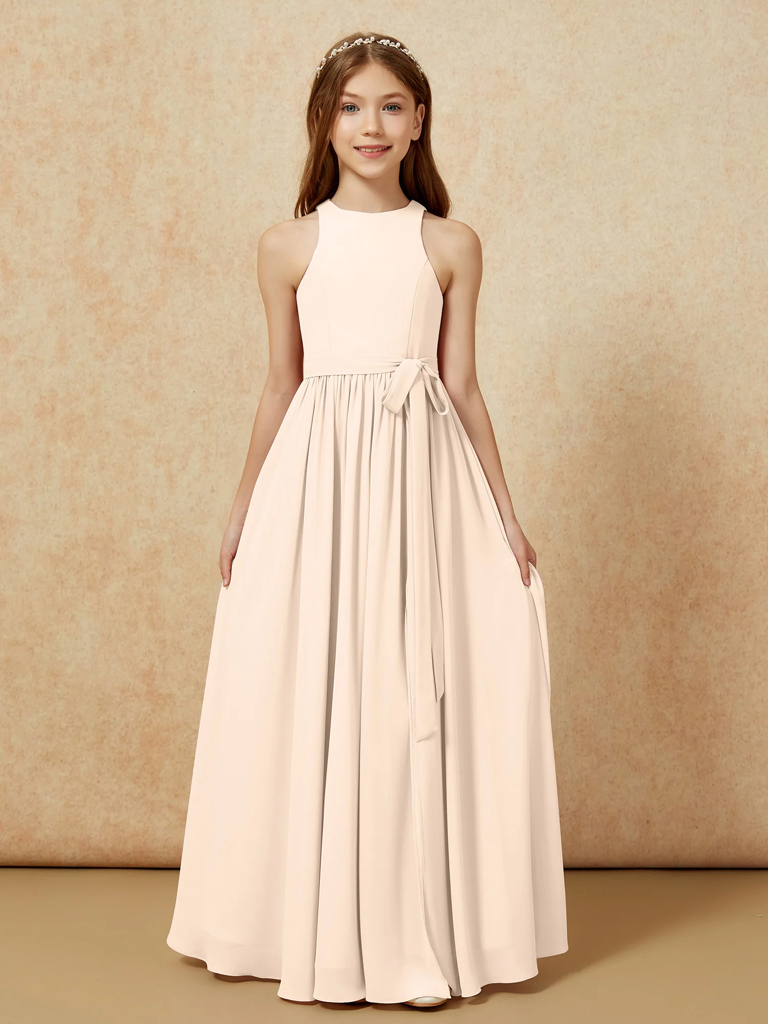 Simple sleeveless chiffon Junior Bridesmaid Dress Peach - Image 8