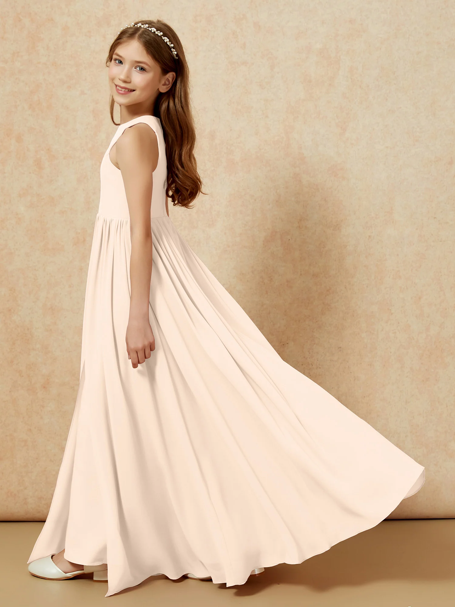 Simple sleeveless chiffon Junior Bridesmaid Dress Peach - Image 9