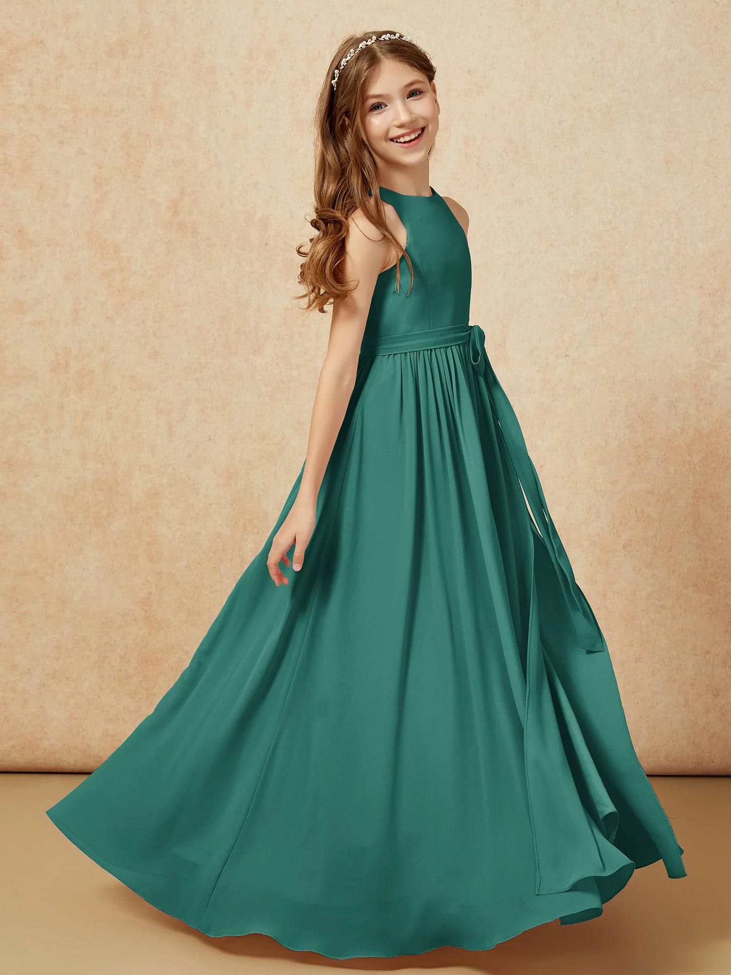 Simple sleeveless chiffon Junior Bridesmaid Dress Peacock - Image 5