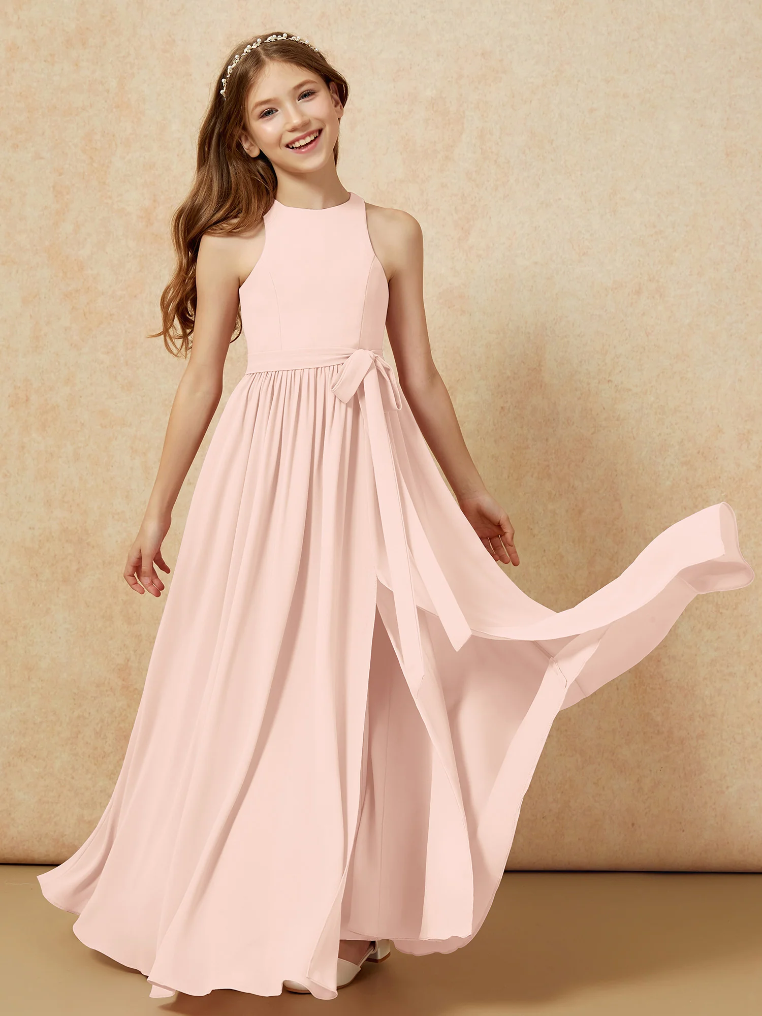 Simple sleeveless chiffon Junior Bridesmaid Dress Pearl Pink - Image 10