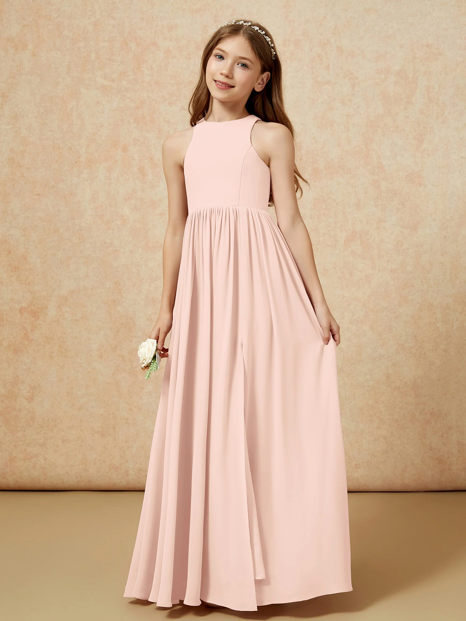 Simple sleeveless chiffon Junior Bridesmaid Dress Pearl Pink - Image 6