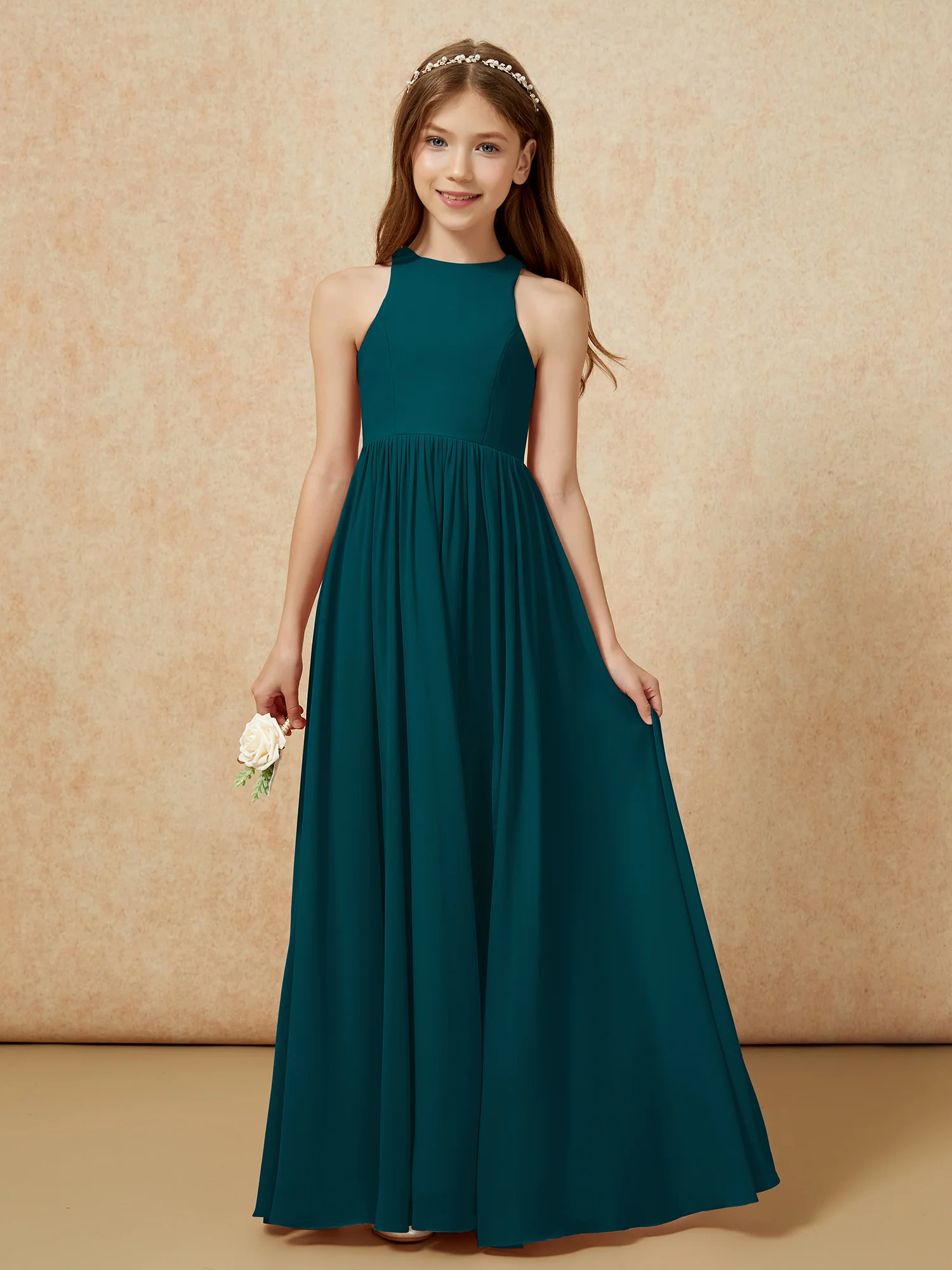 Simple sleeveless chiffon Junior Bridesmaid Dress Pine - Image 4