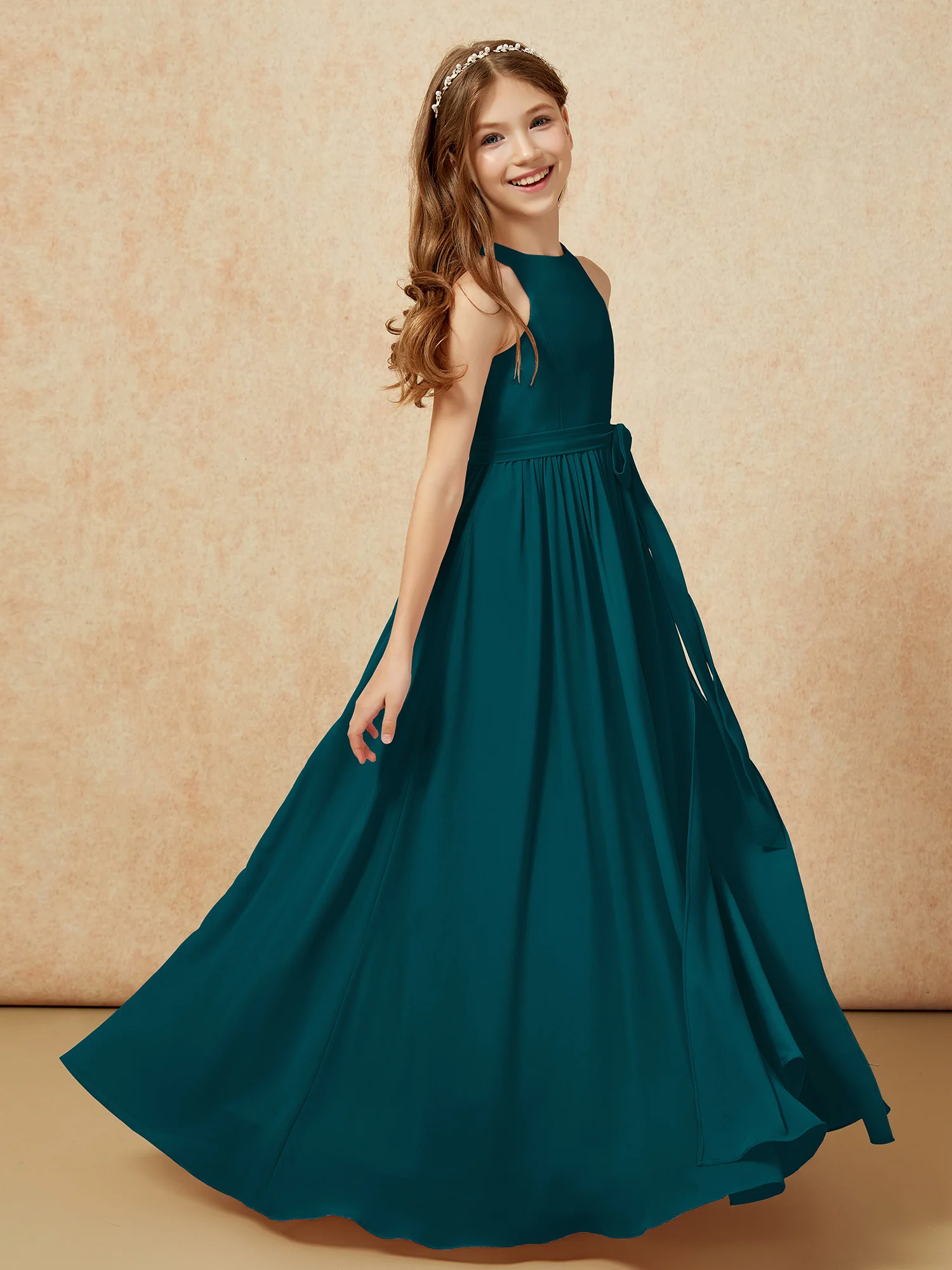 Simple sleeveless chiffon Junior Bridesmaid Dress Pine - Image 5