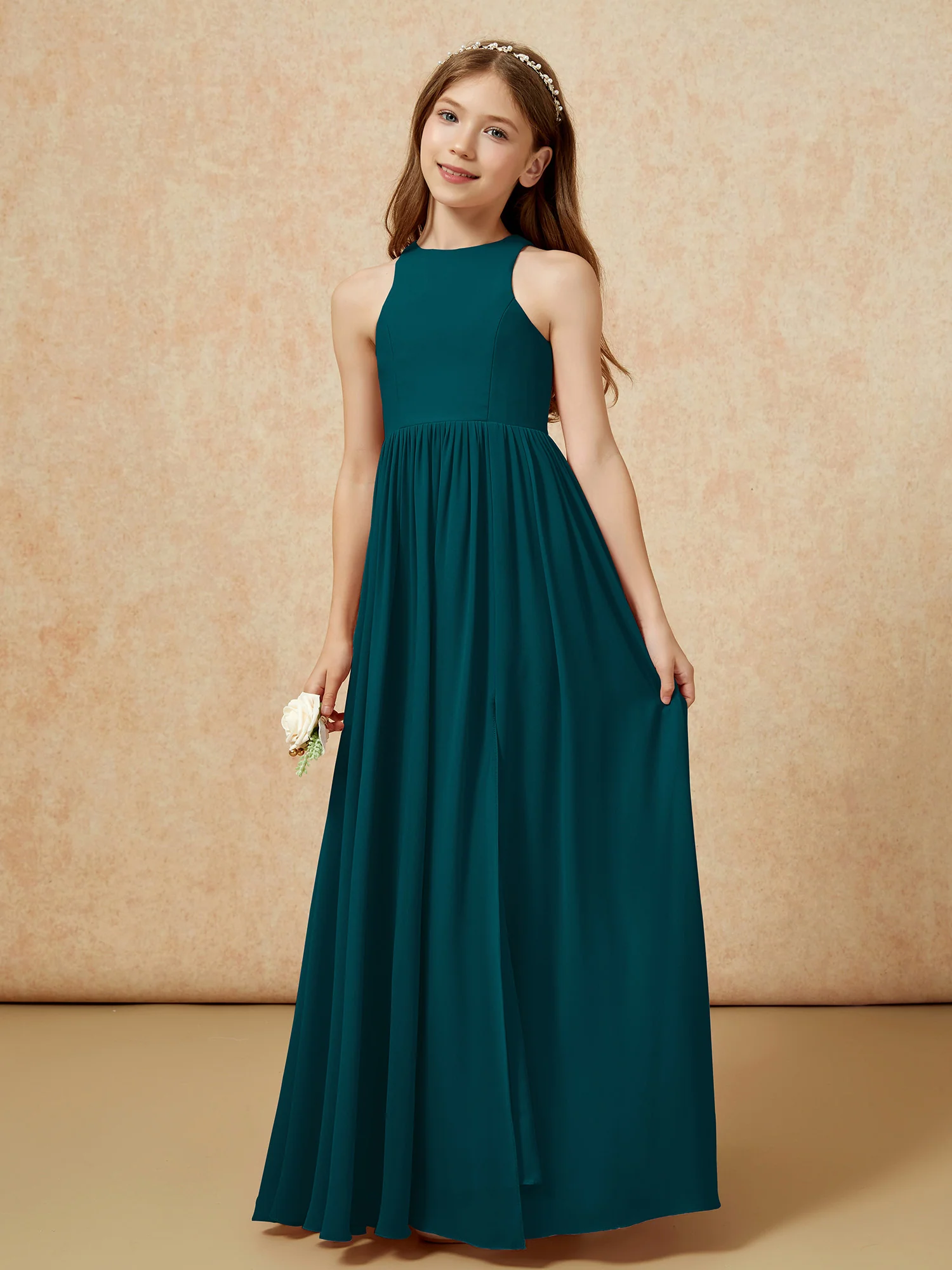 Simple sleeveless chiffon Junior Bridesmaid Dress Pine - Image 6
