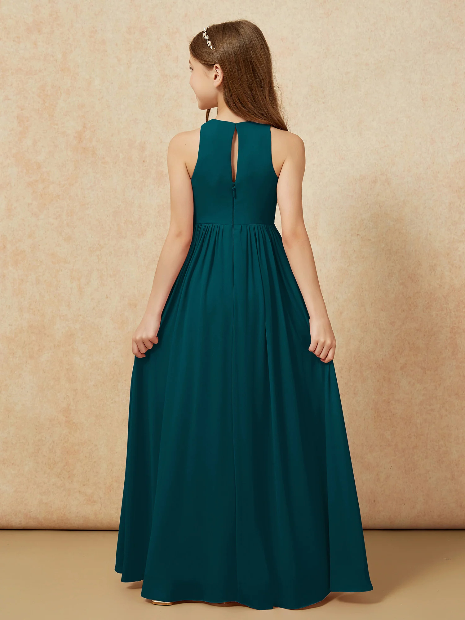 Simple sleeveless chiffon Junior Bridesmaid Dress Pine - Image 7