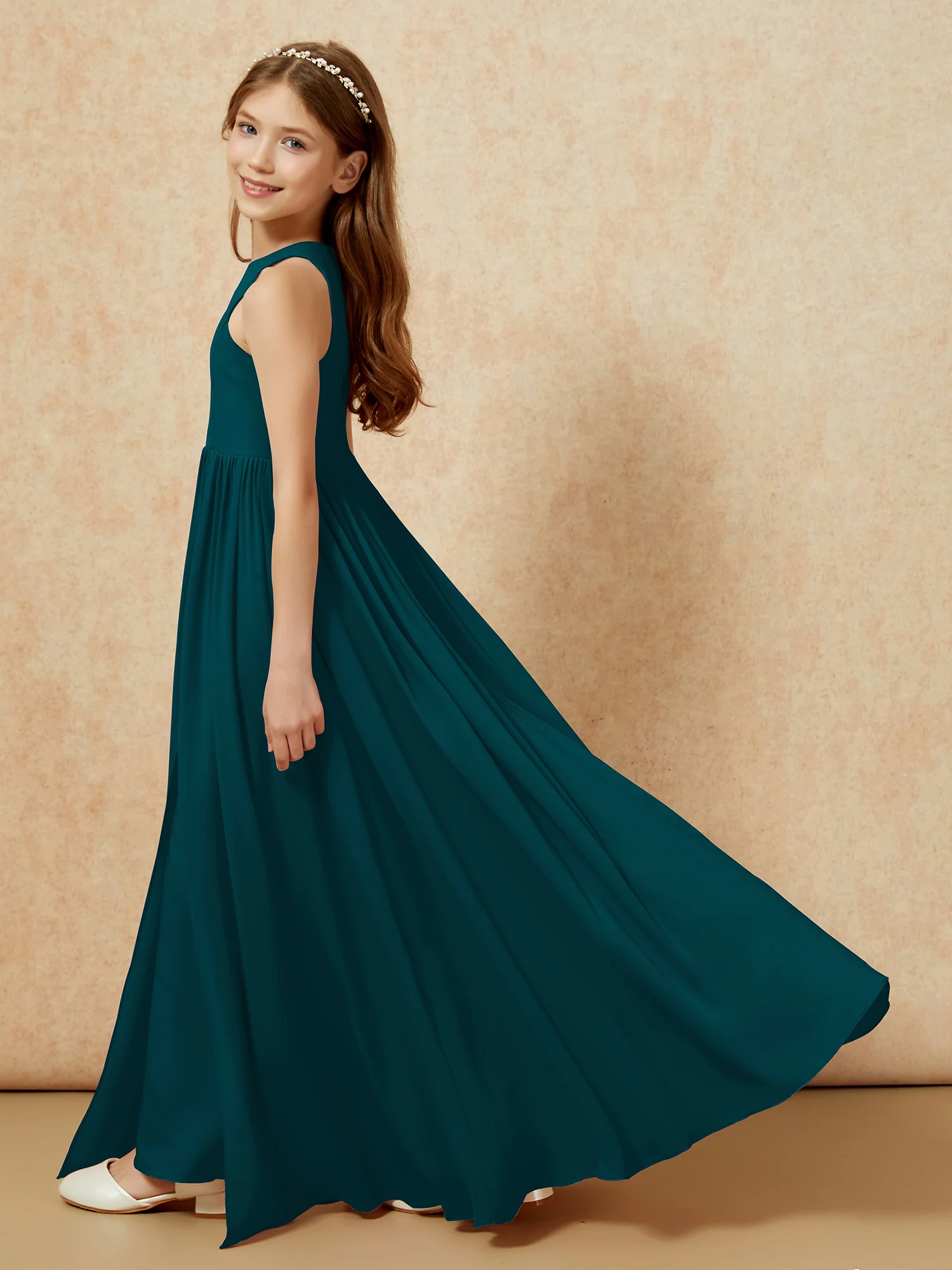 Simple sleeveless chiffon Junior Bridesmaid Dress Pine - Image 9