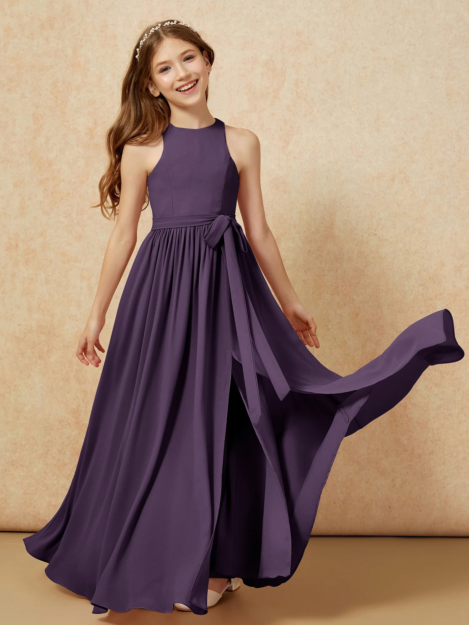 Simple sleeveless chiffon Junior Bridesmaid Dress Plum - Image 10