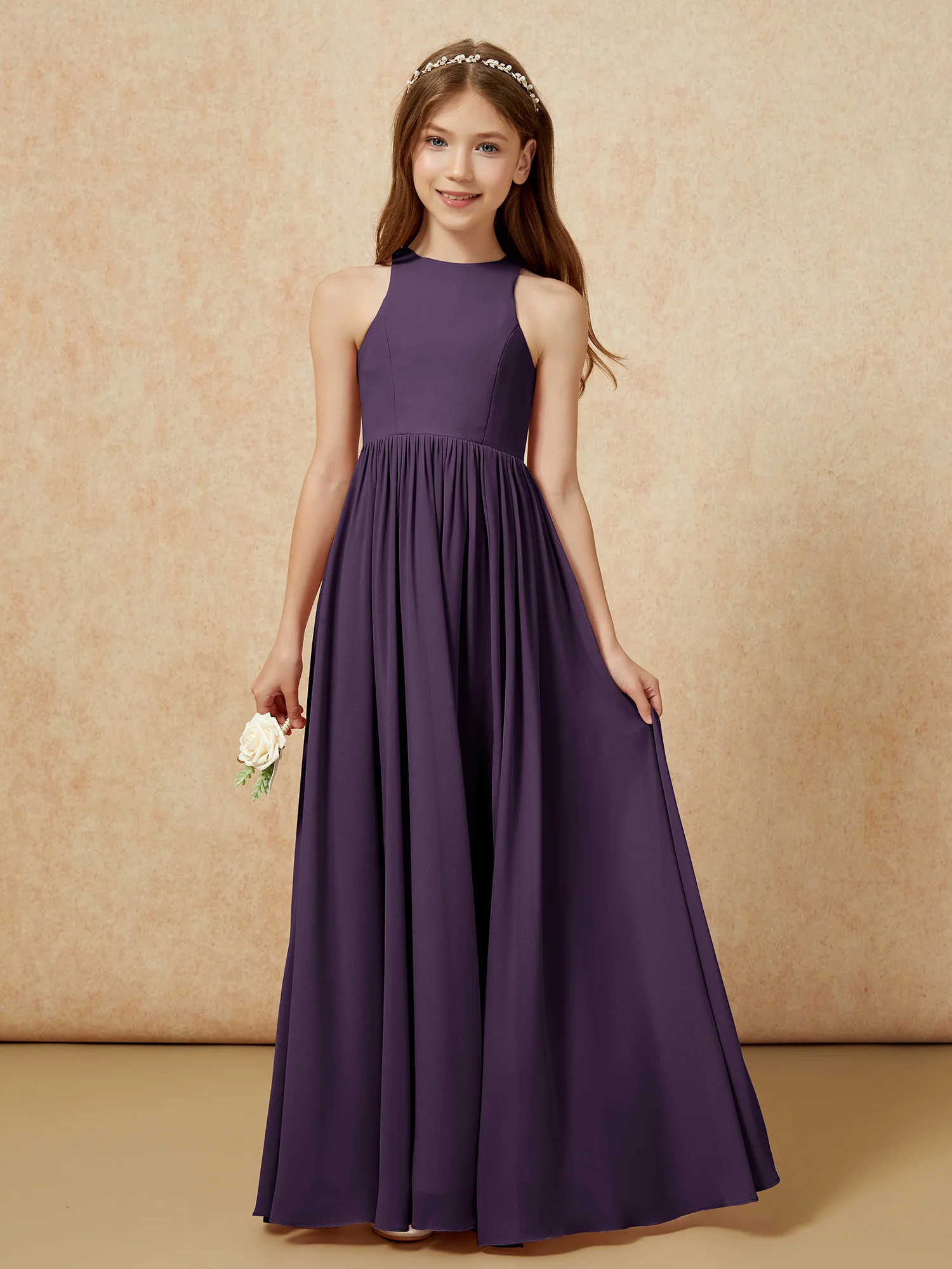 Simple sleeveless chiffon Junior Bridesmaid Dress Plum - Image 4
