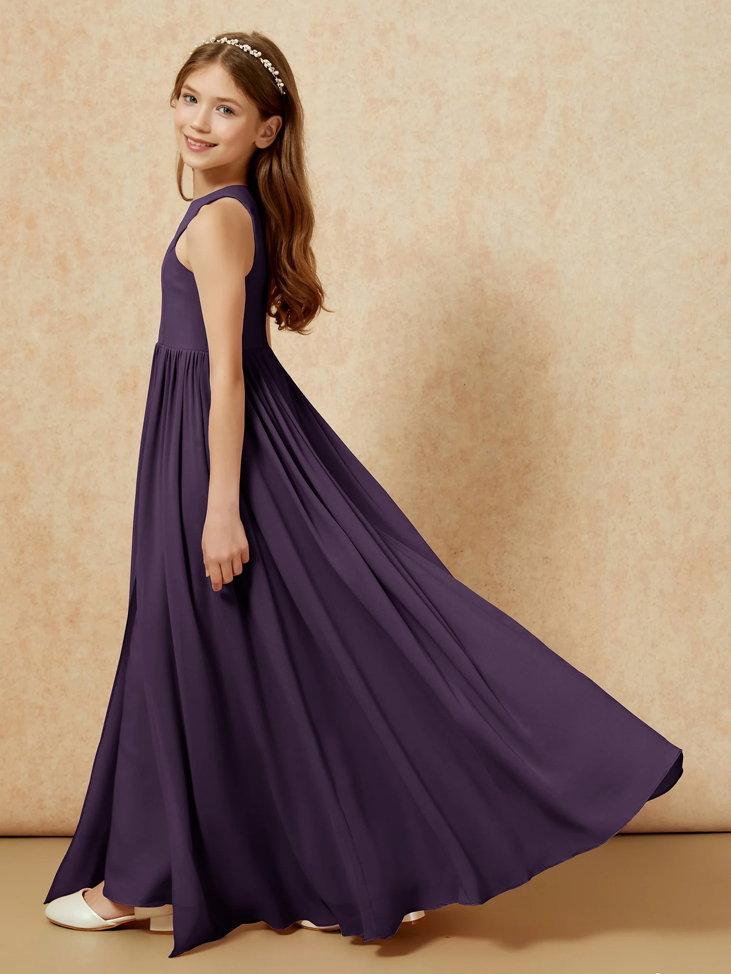 Simple sleeveless chiffon Junior Bridesmaid Dress Plum - Image 9