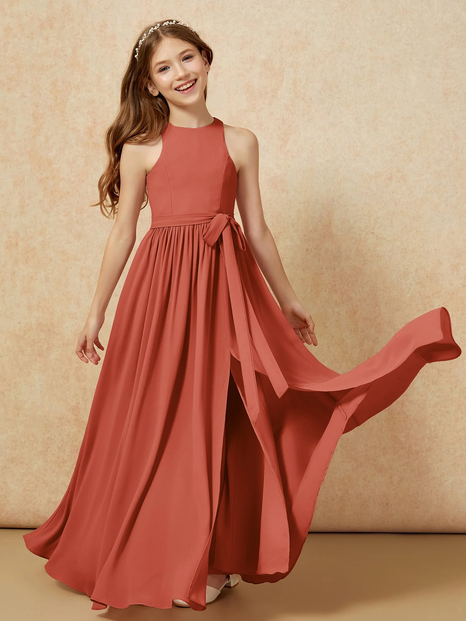 Simple sleeveless chiffon Junior Bridesmaid Dress Rust - Image 10