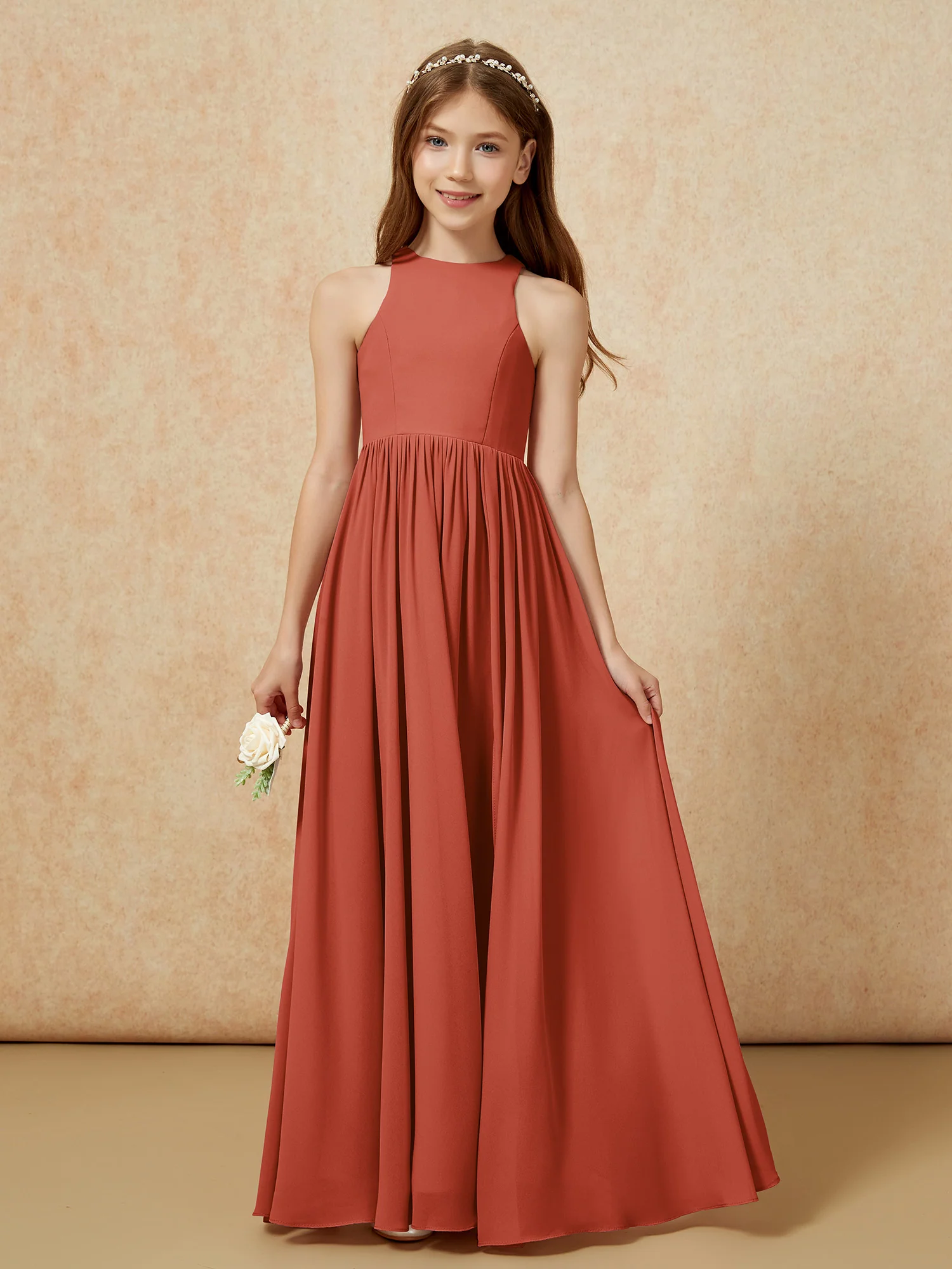 Simple sleeveless chiffon Junior Bridesmaid Dress Rust - Image 4