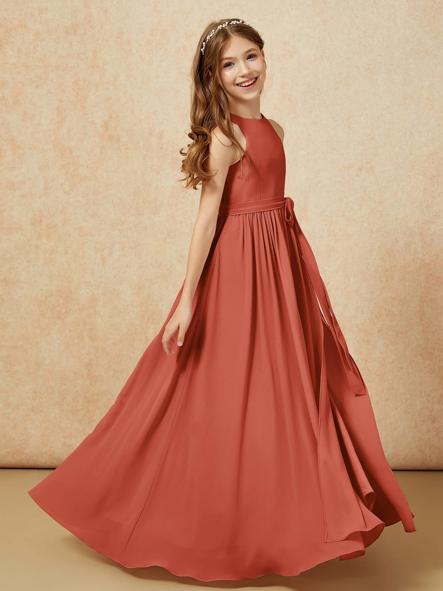 Simple sleeveless chiffon Junior Bridesmaid Dress Rust - Image 5