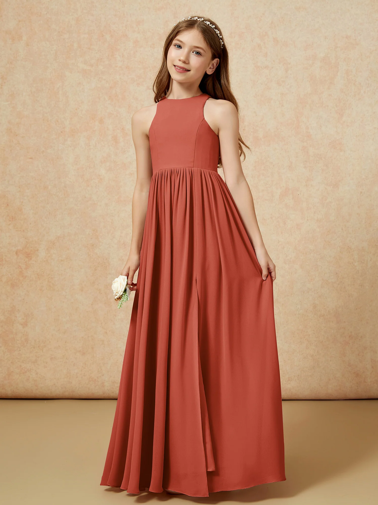 Simple sleeveless chiffon Junior Bridesmaid Dress Rust - Image 6