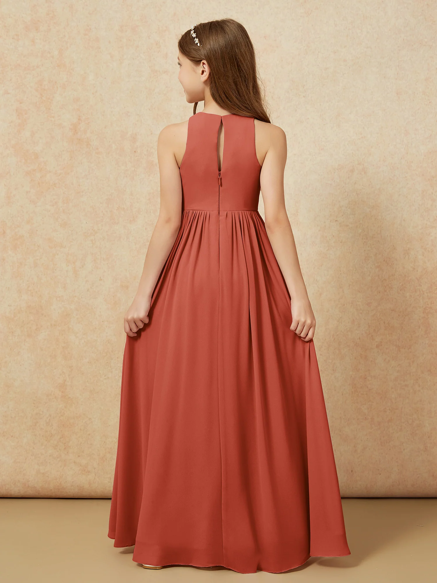 Simple sleeveless chiffon Junior Bridesmaid Dress Rust - Image 7