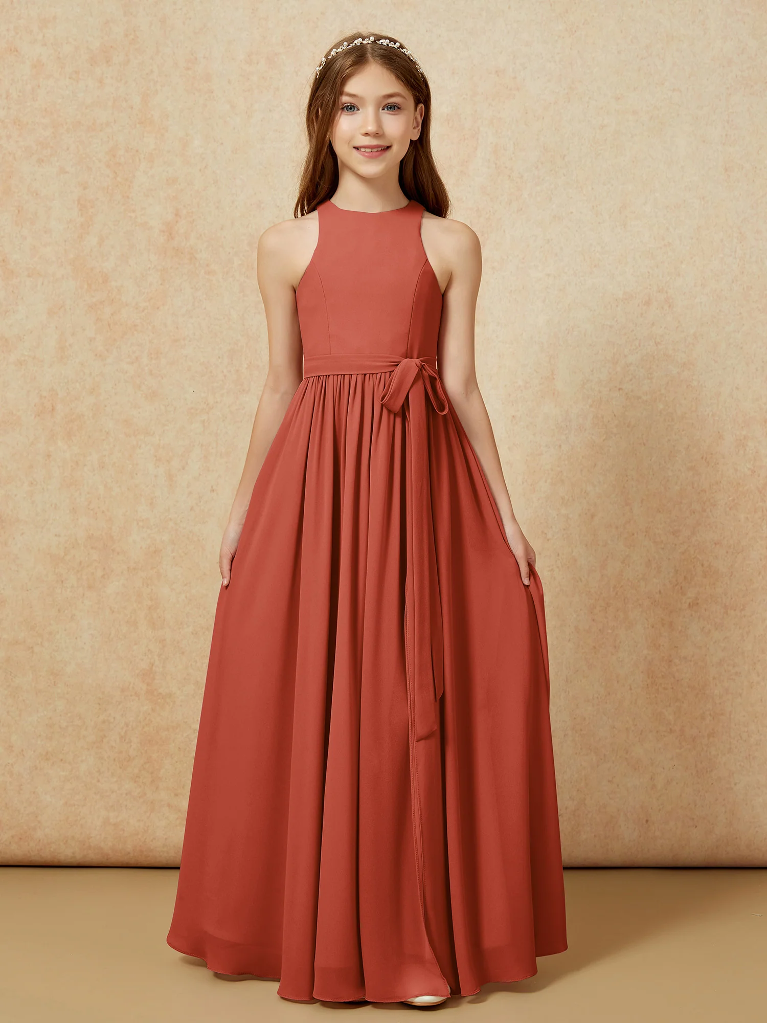 Simple sleeveless chiffon Junior Bridesmaid Dress Rust - Image 8