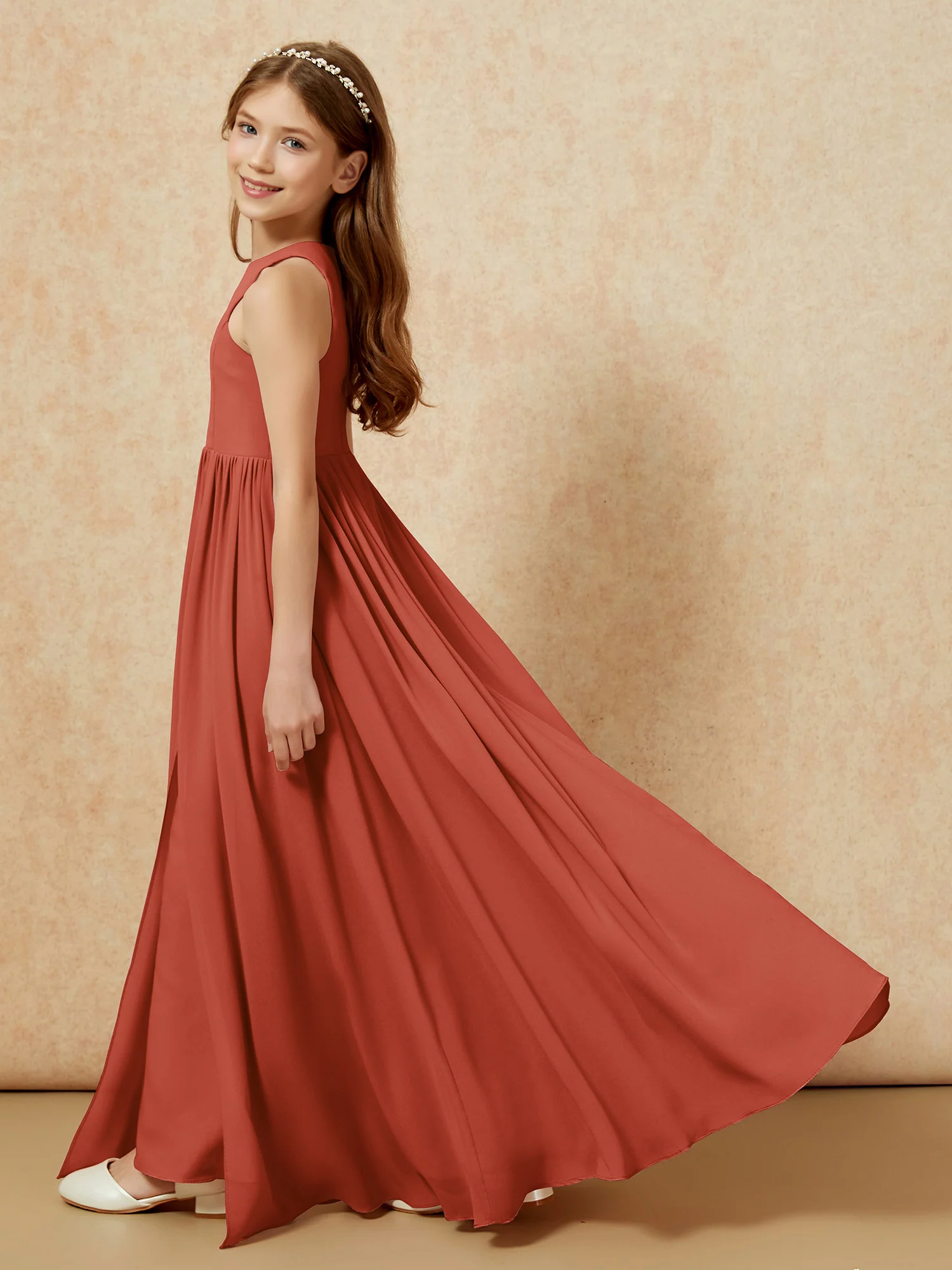 Simple sleeveless chiffon Junior Bridesmaid Dress Rust - Image 9