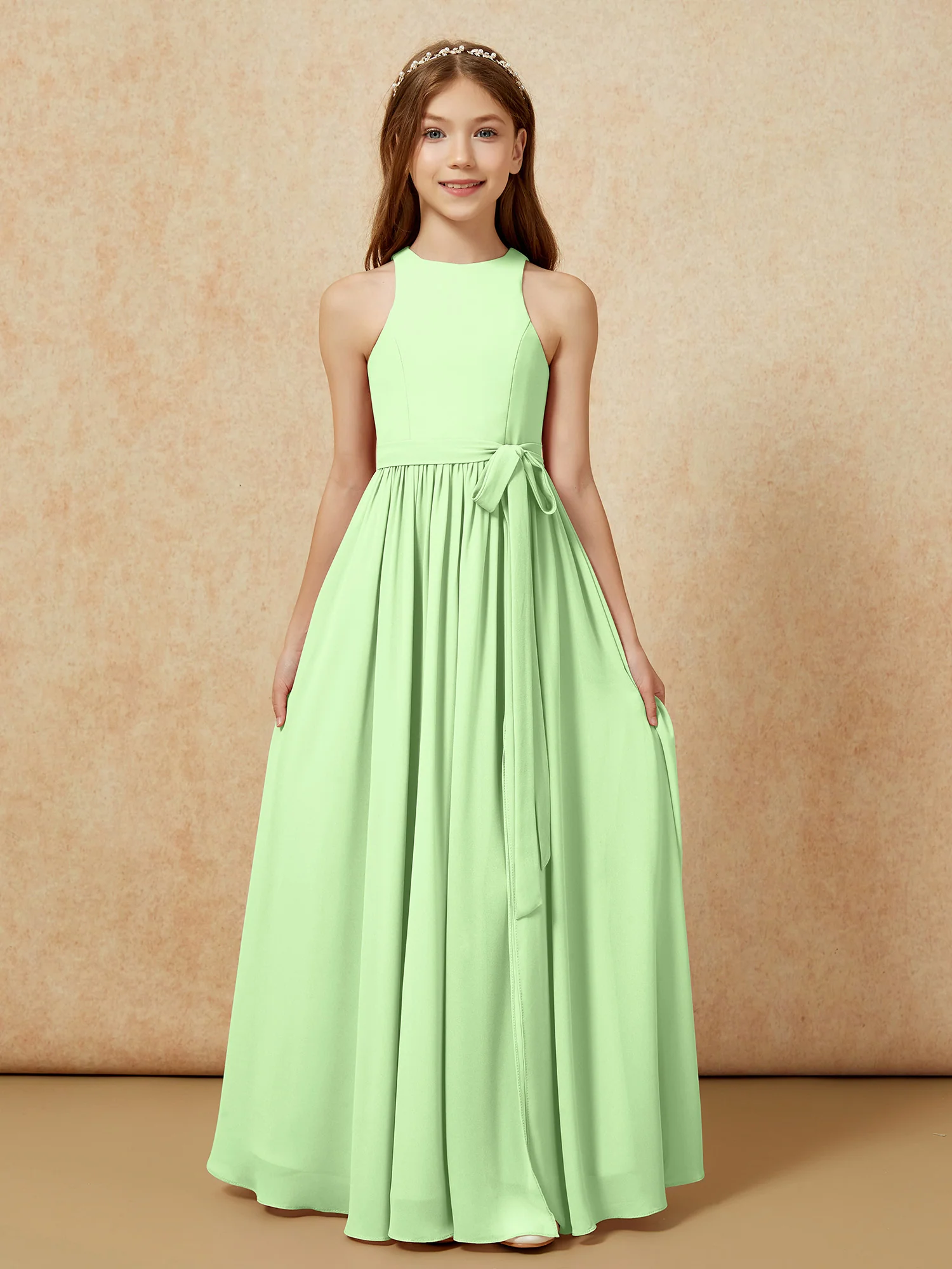 Simple sleeveless chiffon Junior Bridesmaid Dress Sage - Image 8