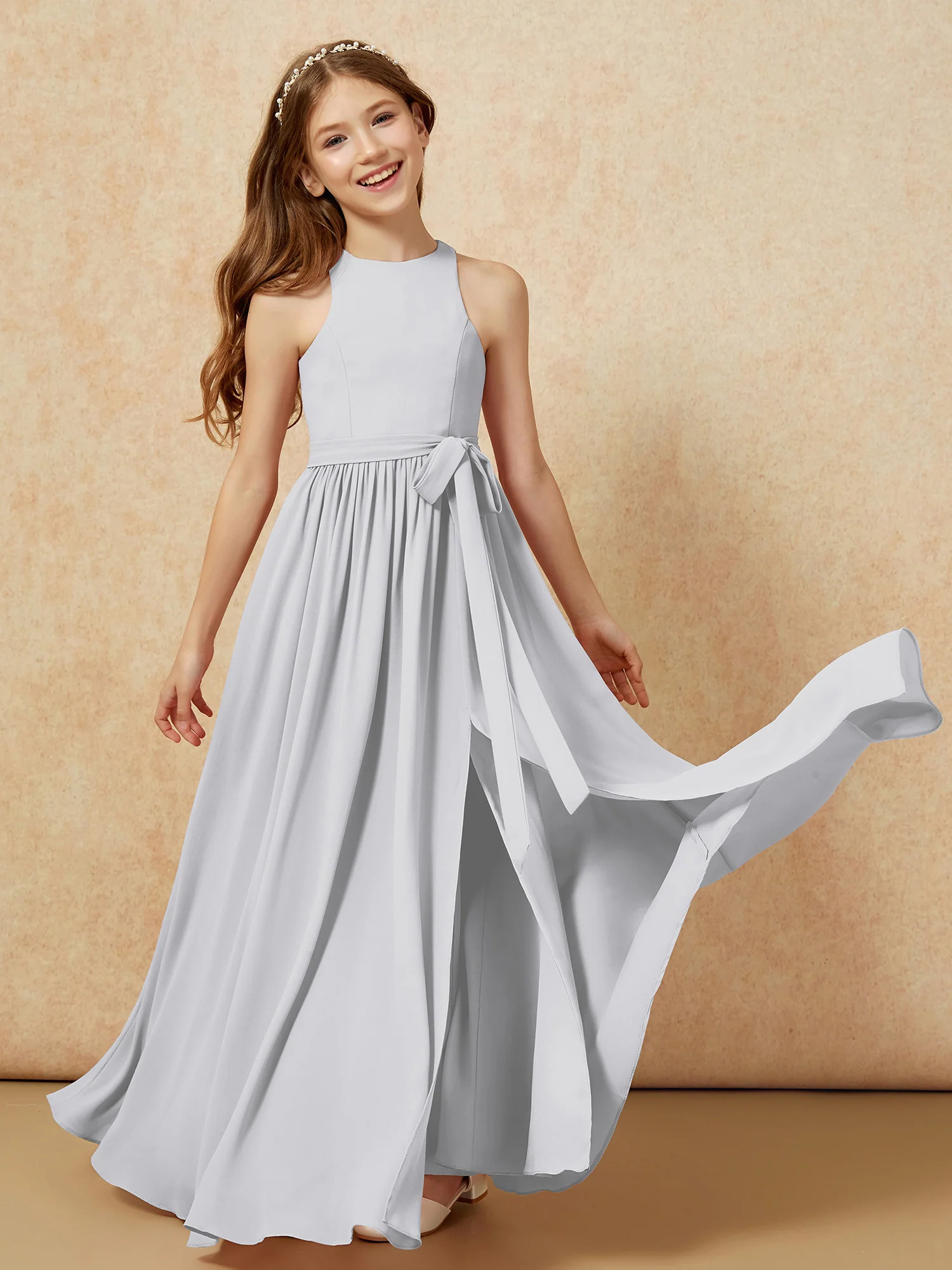 Simple sleeveless chiffon Junior Bridesmaid Dress Silver - Image 10