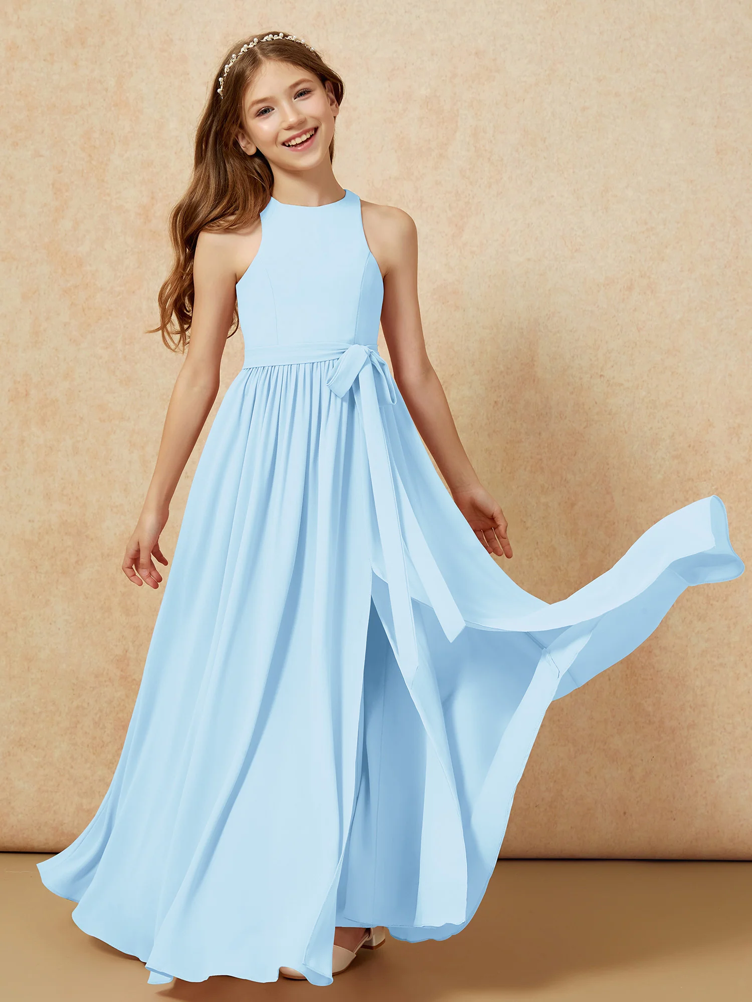 Simple sleeveless chiffon Junior Bridesmaid Dress Sky Blue - Image 10