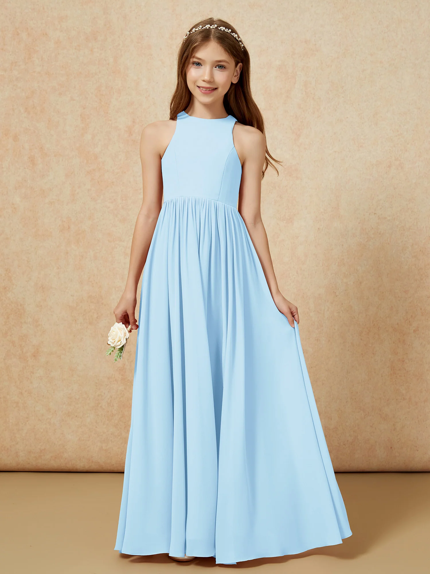Simple sleeveless chiffon Junior Bridesmaid Dress Sky Blue - Image 4
