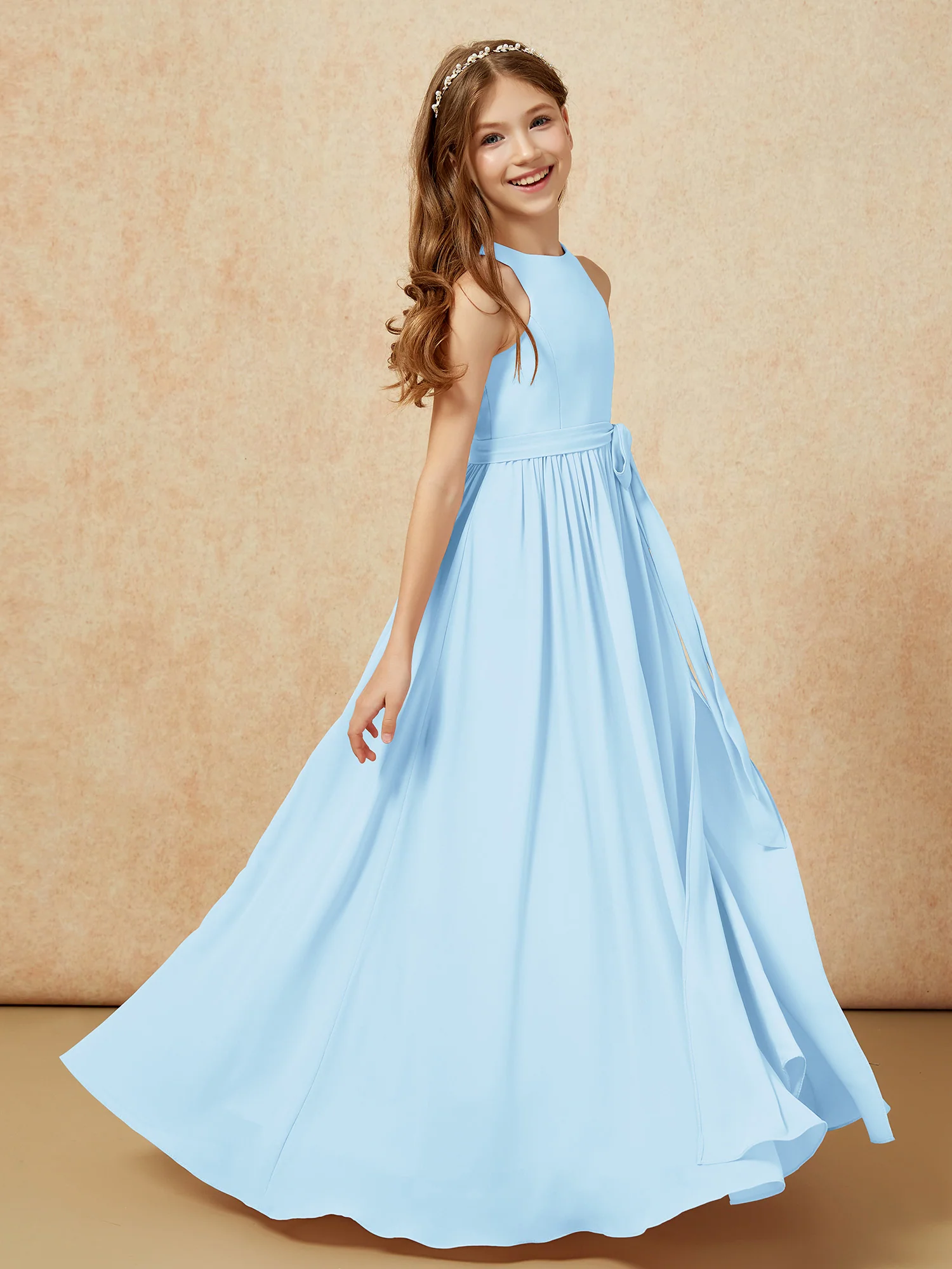 Simple sleeveless chiffon Junior Bridesmaid Dress Sky Blue - Image 5