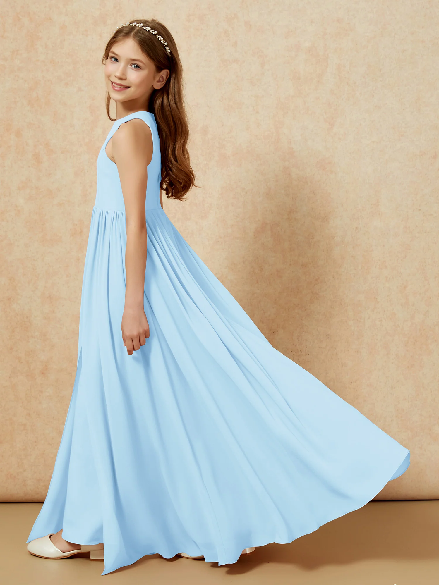 Simple sleeveless chiffon Junior Bridesmaid Dress Sky Blue - Image 9