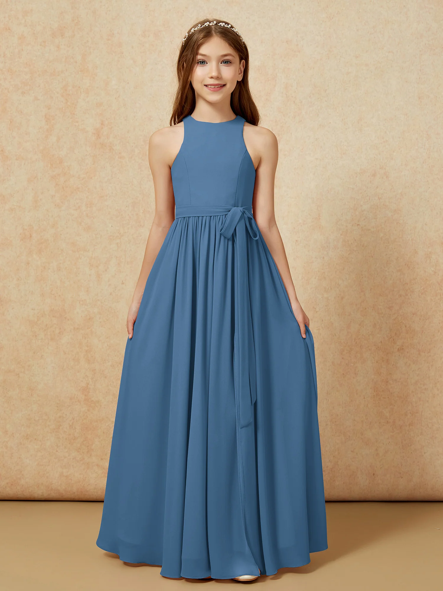 Simple sleeveless chiffon Junior Bridesmaid Dress Slate Blue - Image 8