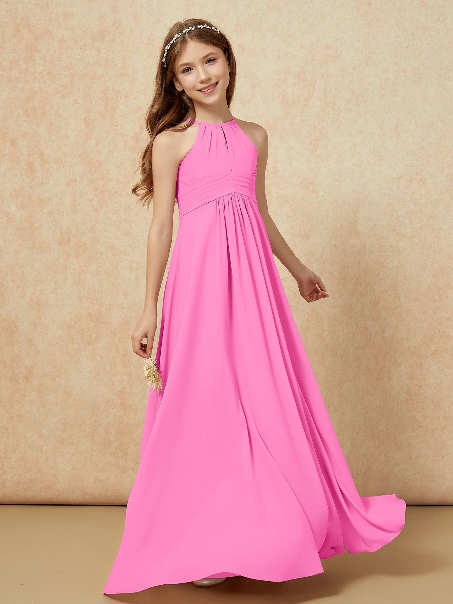 Simple Sleeveless Empire Long Junior Bridesmaid Dress Azalea - Image 3