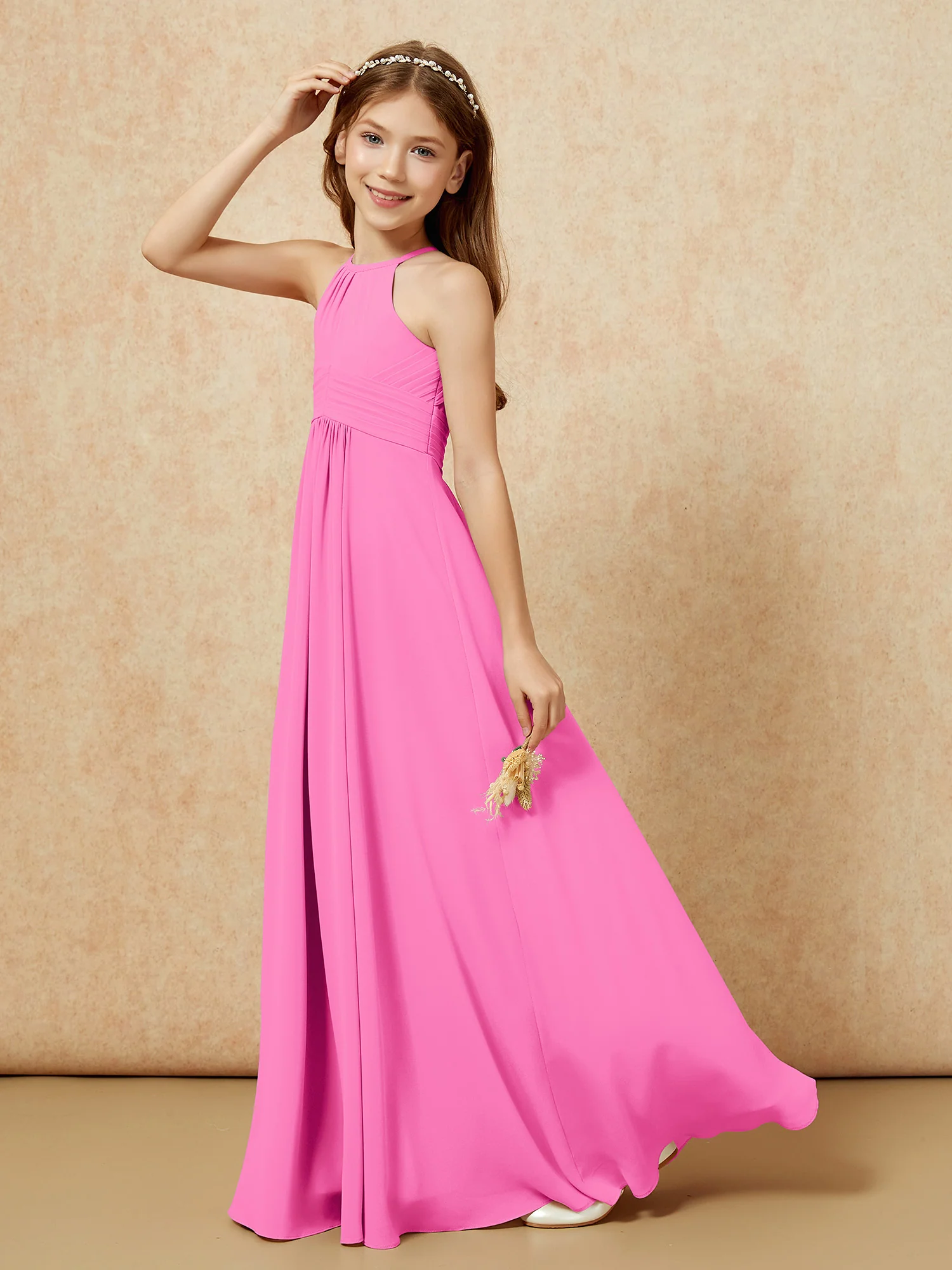 Simple Sleeveless Empire Long Junior Bridesmaid Dress Azalea - Image 6