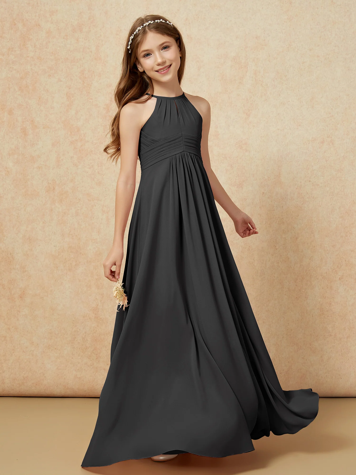 Simple Sleeveless Empire Long Junior Bridesmaid Dress Black - Image 3