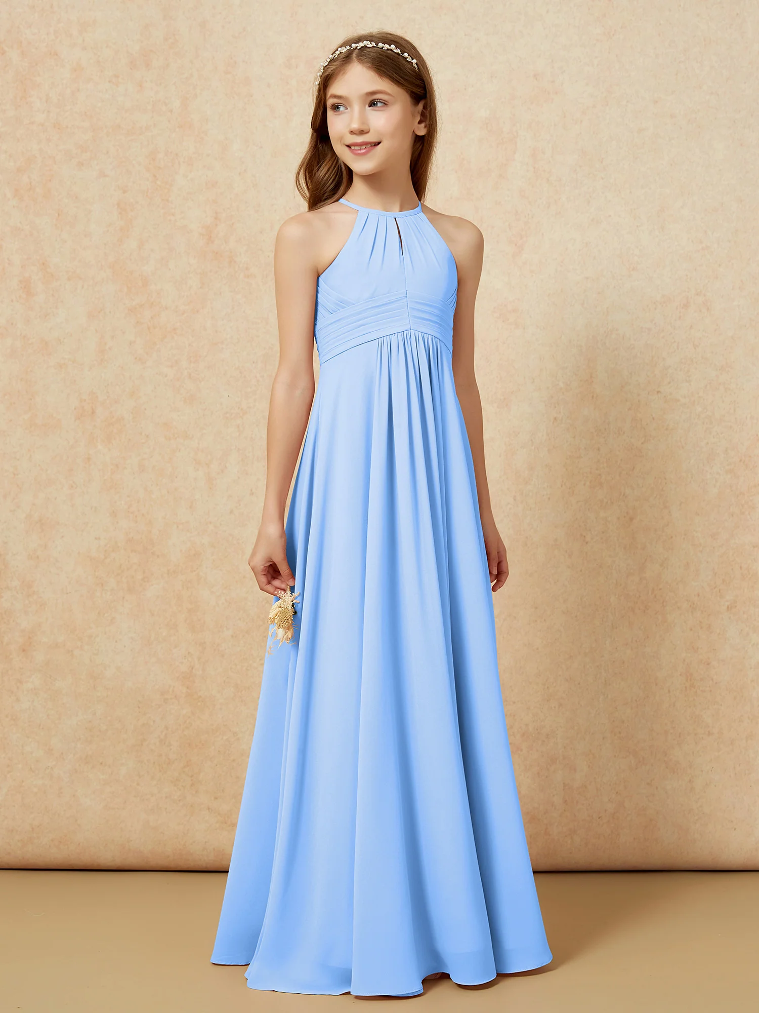 Simple Sleeveless Empire Long Junior Bridesmaid Dress Blue - Image 4