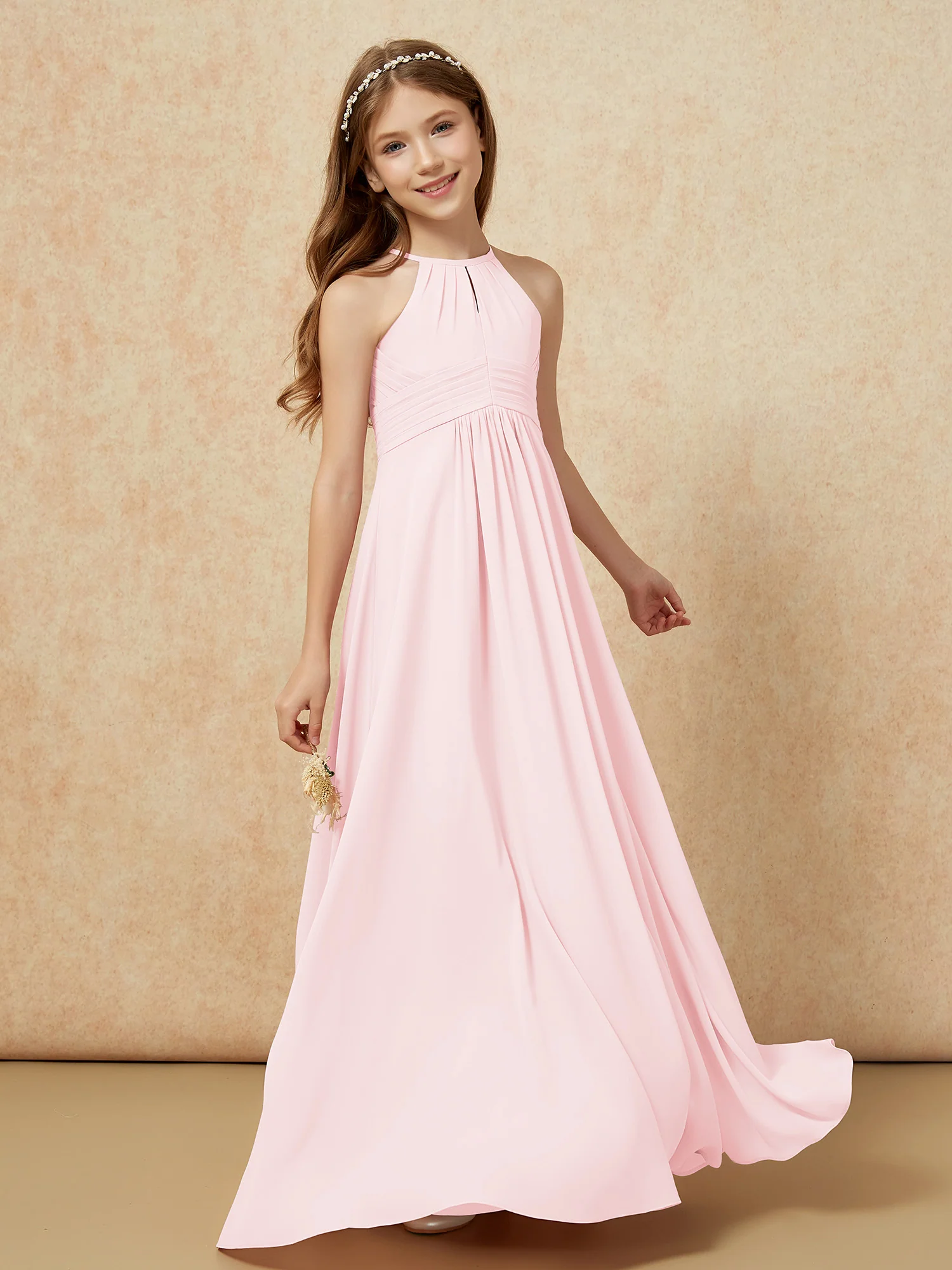Simple Sleeveless Empire Long Junior Bridesmaid Dress Blushing Pink - Image 3